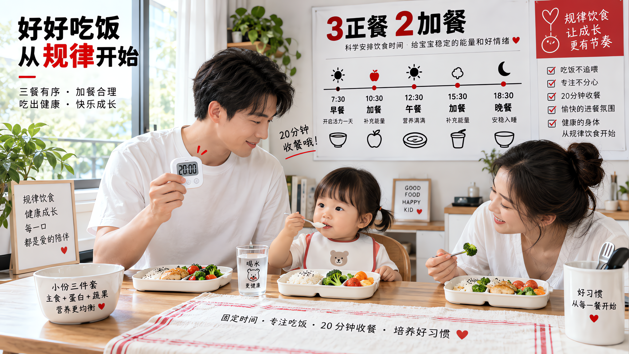 夏天娃吃得少别追喂：3正餐2加餐+20分钟收餐就够了