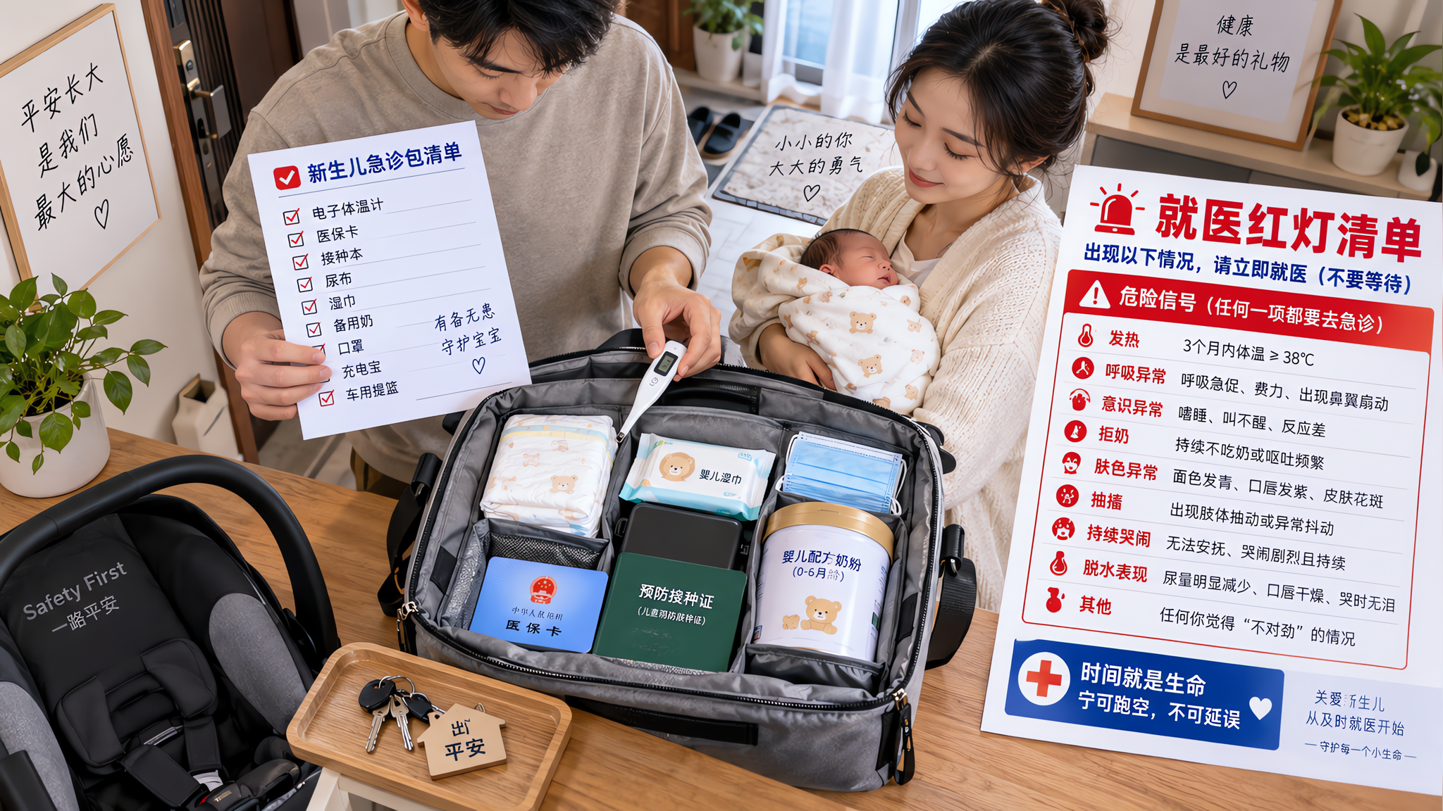 中国年轻爸爸在家中玄关处整理“新生儿急诊包”，旁边中国年轻妈妈抱着襁褓中的新生儿，爸爸一边对照清单一