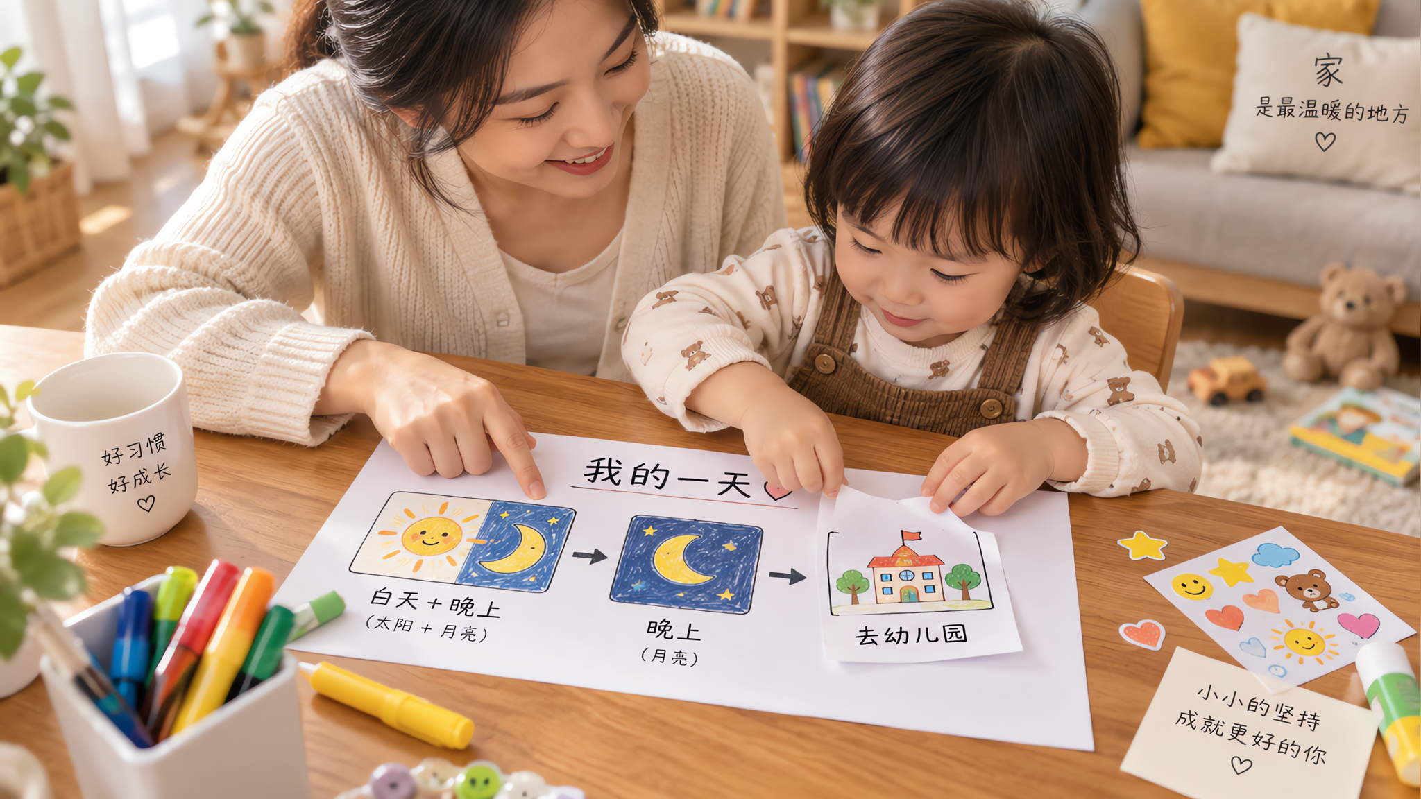 中国年轻妈妈在温暖的家庭餐桌旁，陪一名中国2-3岁幼儿一起制作“太阳月亮时间轴”手绘纸张，纸上有三格