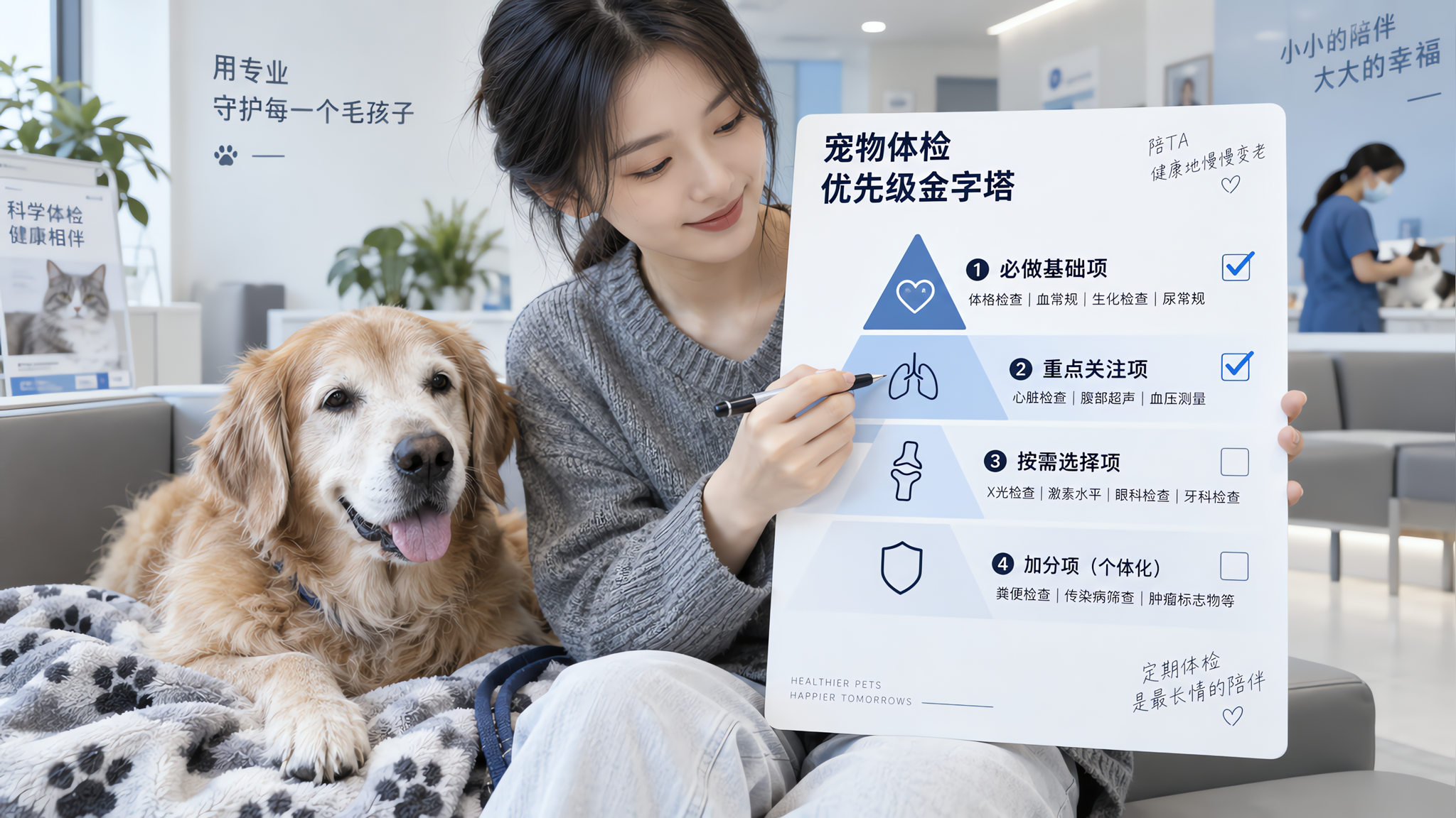 中国年轻主人在宠物医院候诊区，身旁有一只神情温和的老年狗（或老年猫）安静坐在毯子上，主人手持一张极简
