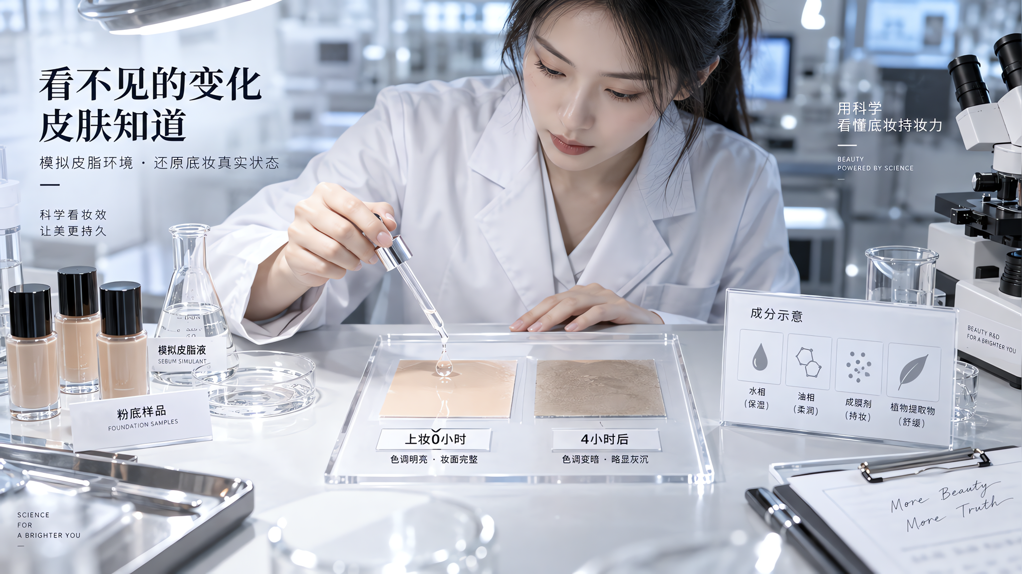 冷白实验室场景，一位中国年轻女性研究员穿简洁白色实验服，坐在实验台前，用滴管将透明皮脂模拟液滴在两块