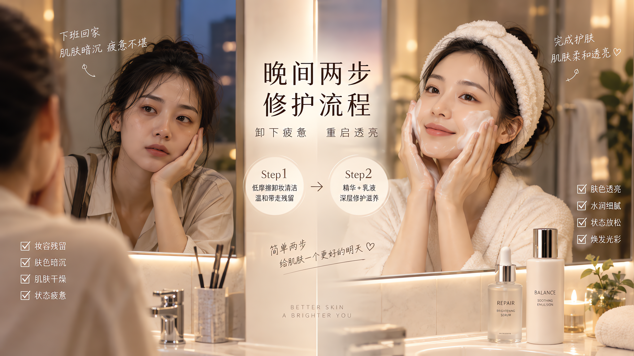 下班脸暗一度？晚间两步接管：抗氧化+舒缓