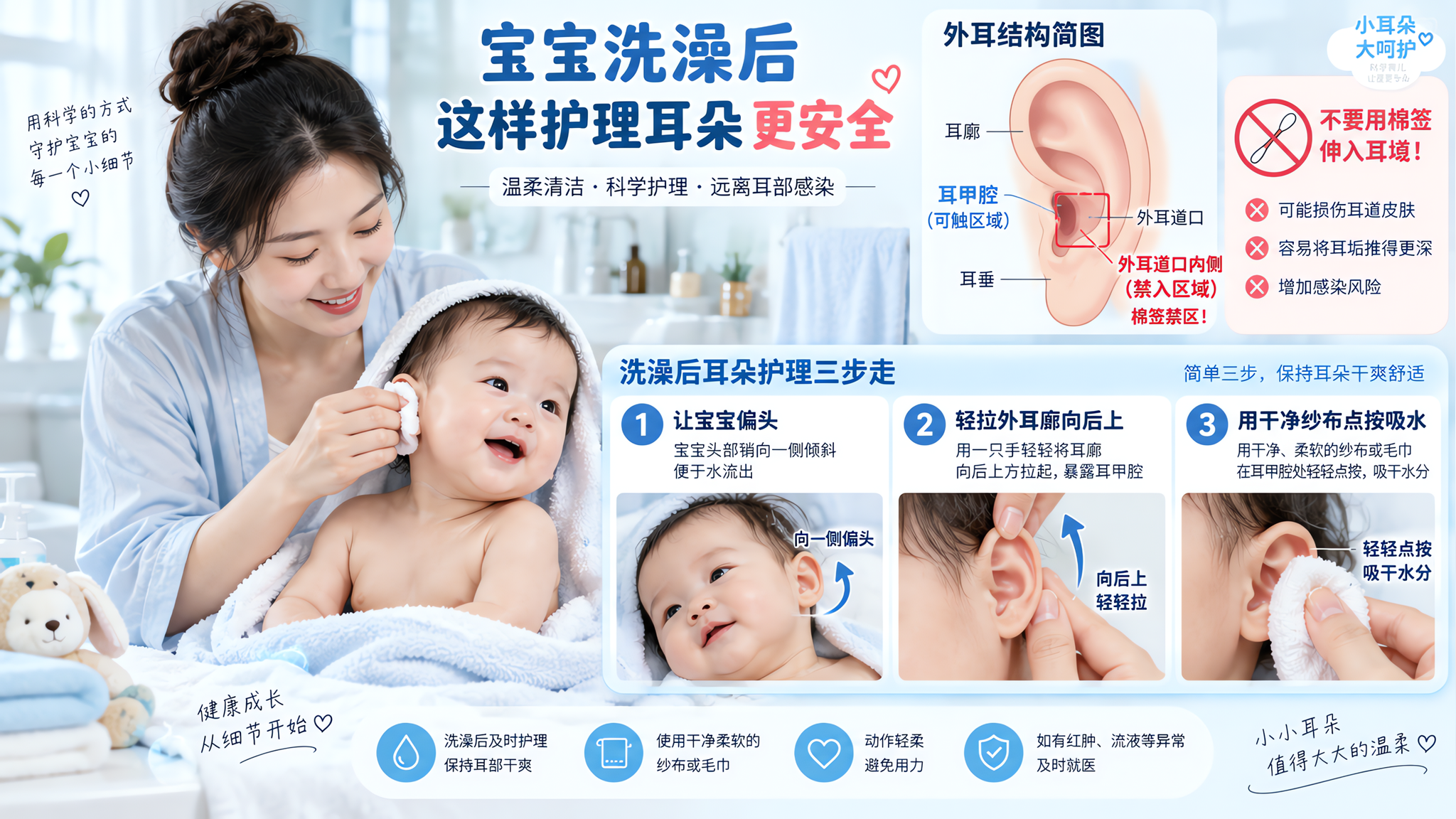 宝宝耳朵进水别掏：3步排水+后耳沟发红处理