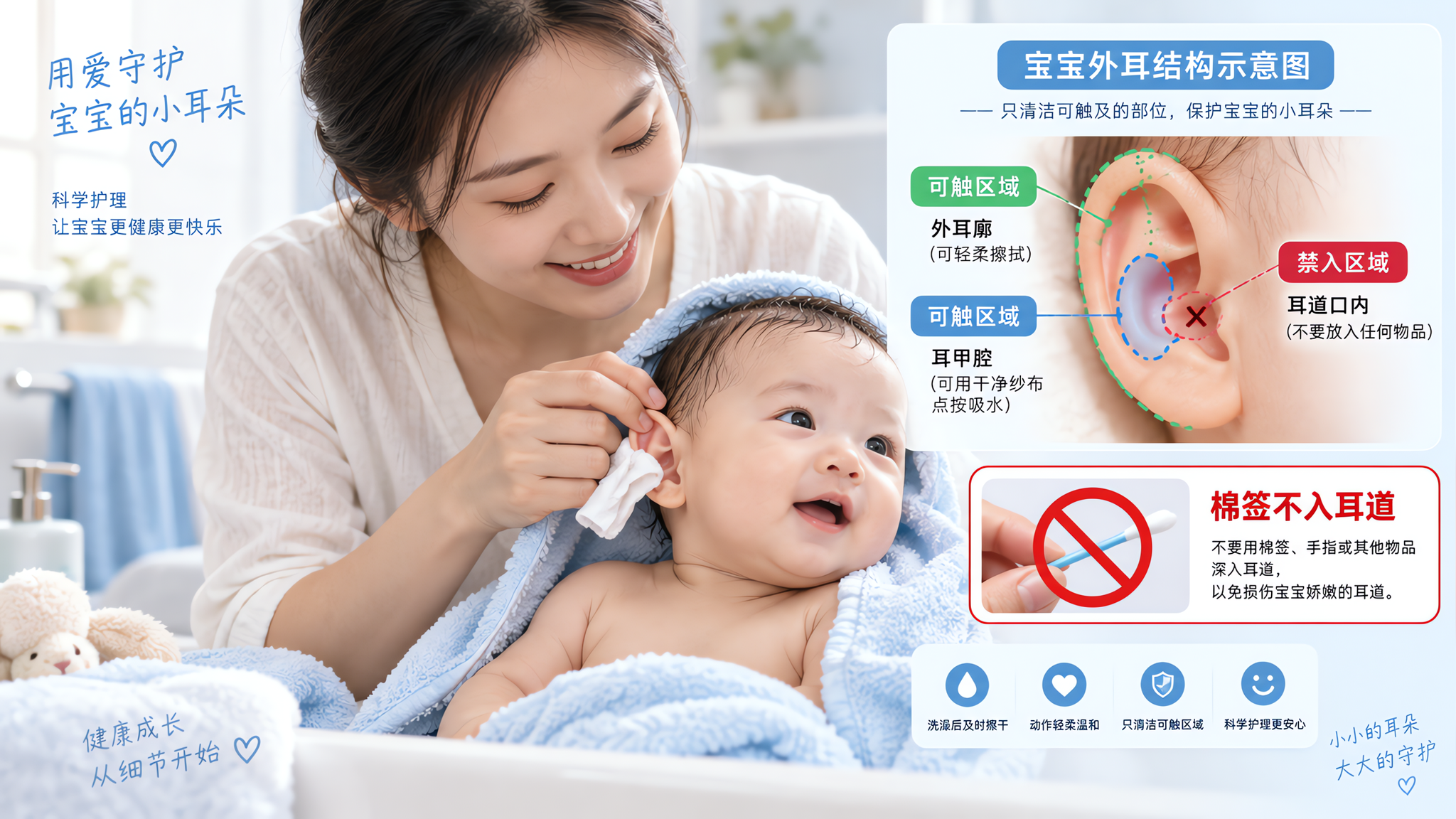 宝宝耳朵进水别掏：3步排水+后耳沟发红处理