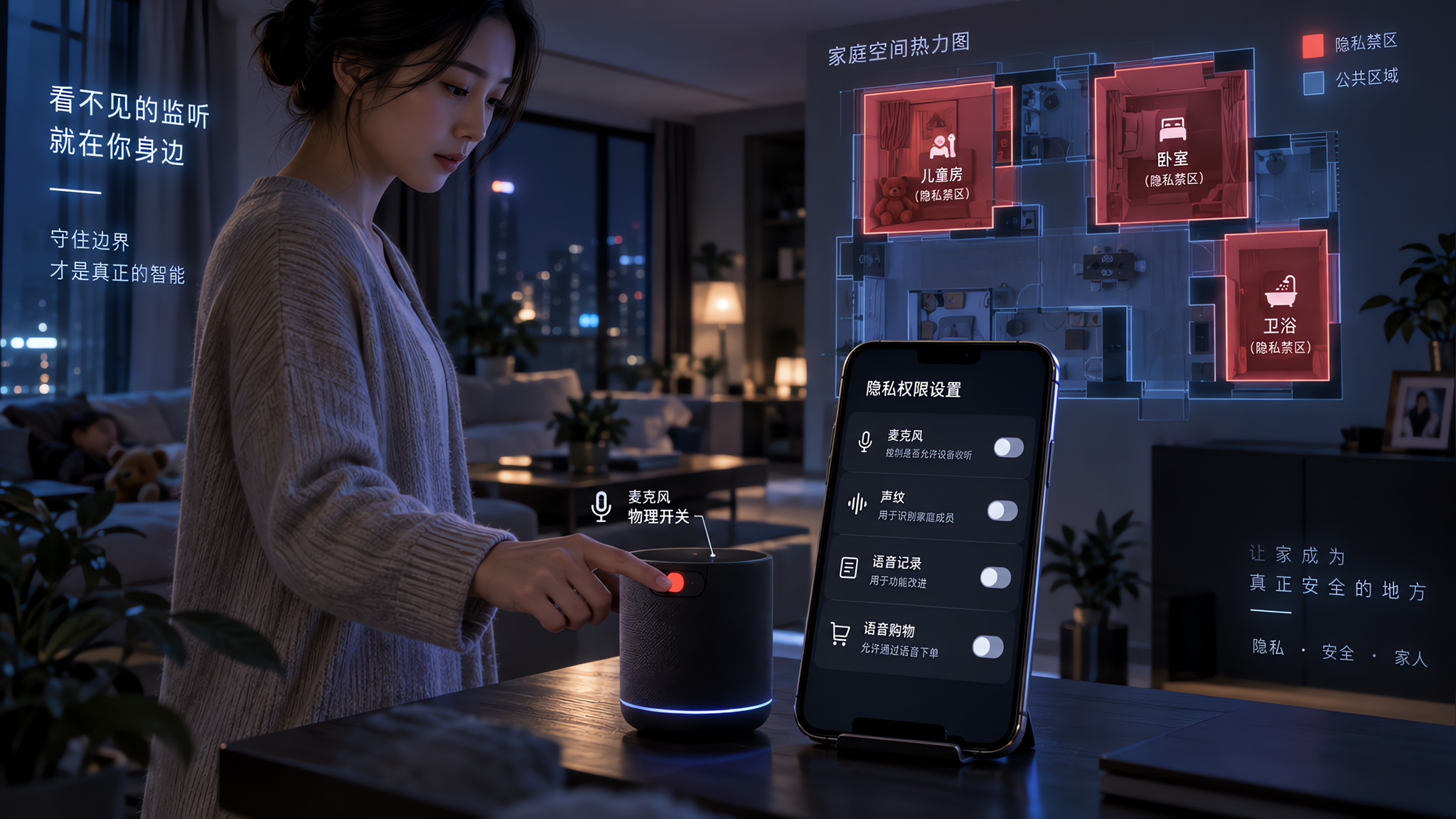 中国家庭夜晚客厅场景,一位中国年轻妈妈站在智能音箱旁边用手指按下“麦克风物理开关”,桌面上有手机屏幕