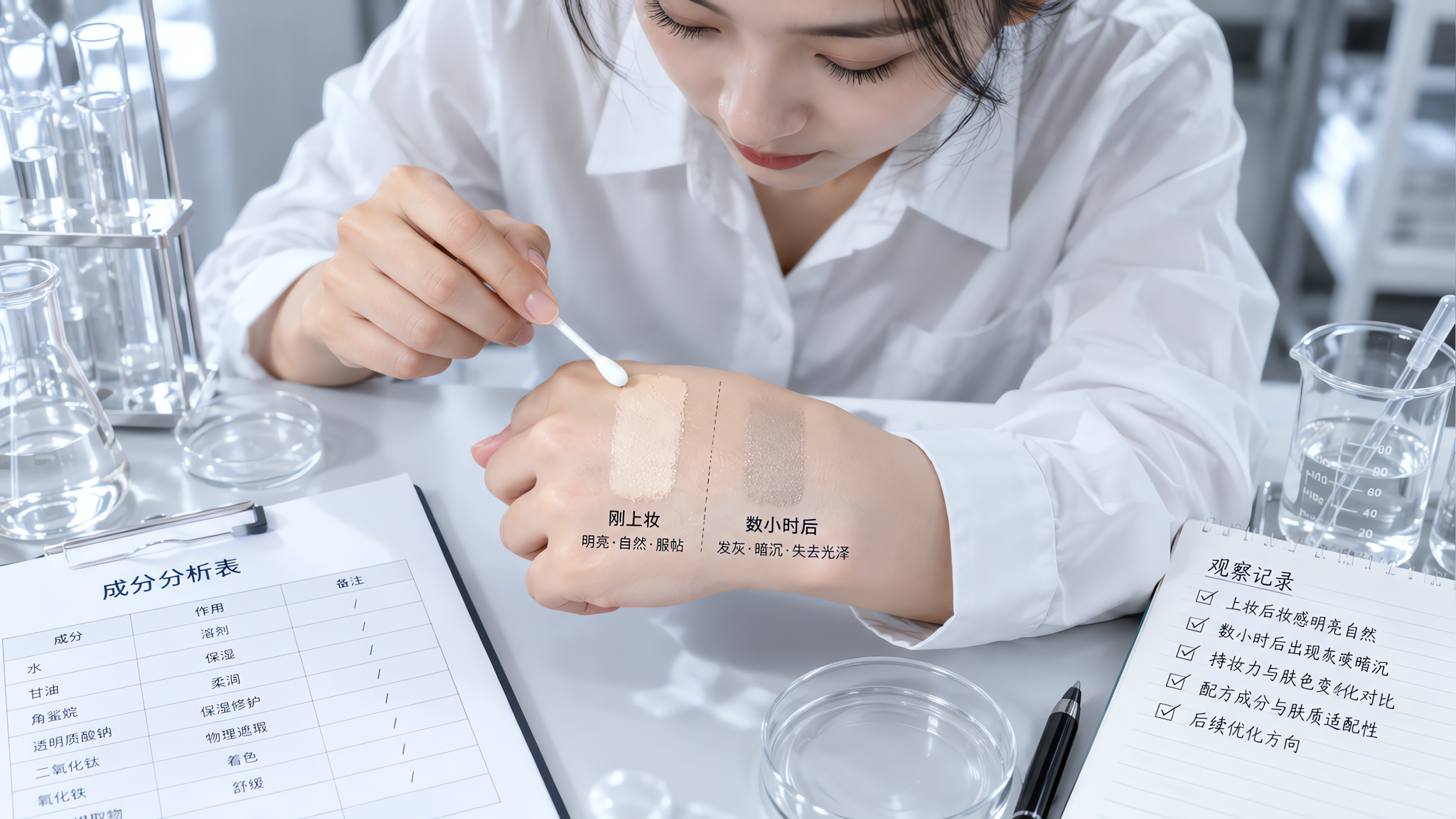 冷白实验室场景，中国年轻女性在实验台前对比手背两块底妆试色，左侧为刚上妆的明亮自然肤色，右侧为数小时