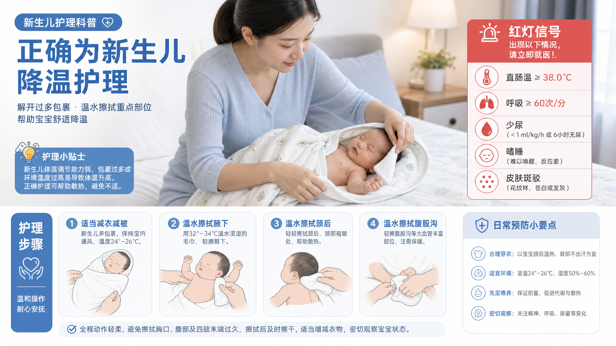 新生儿发热别捂汗：四步物理降温+红灯清单