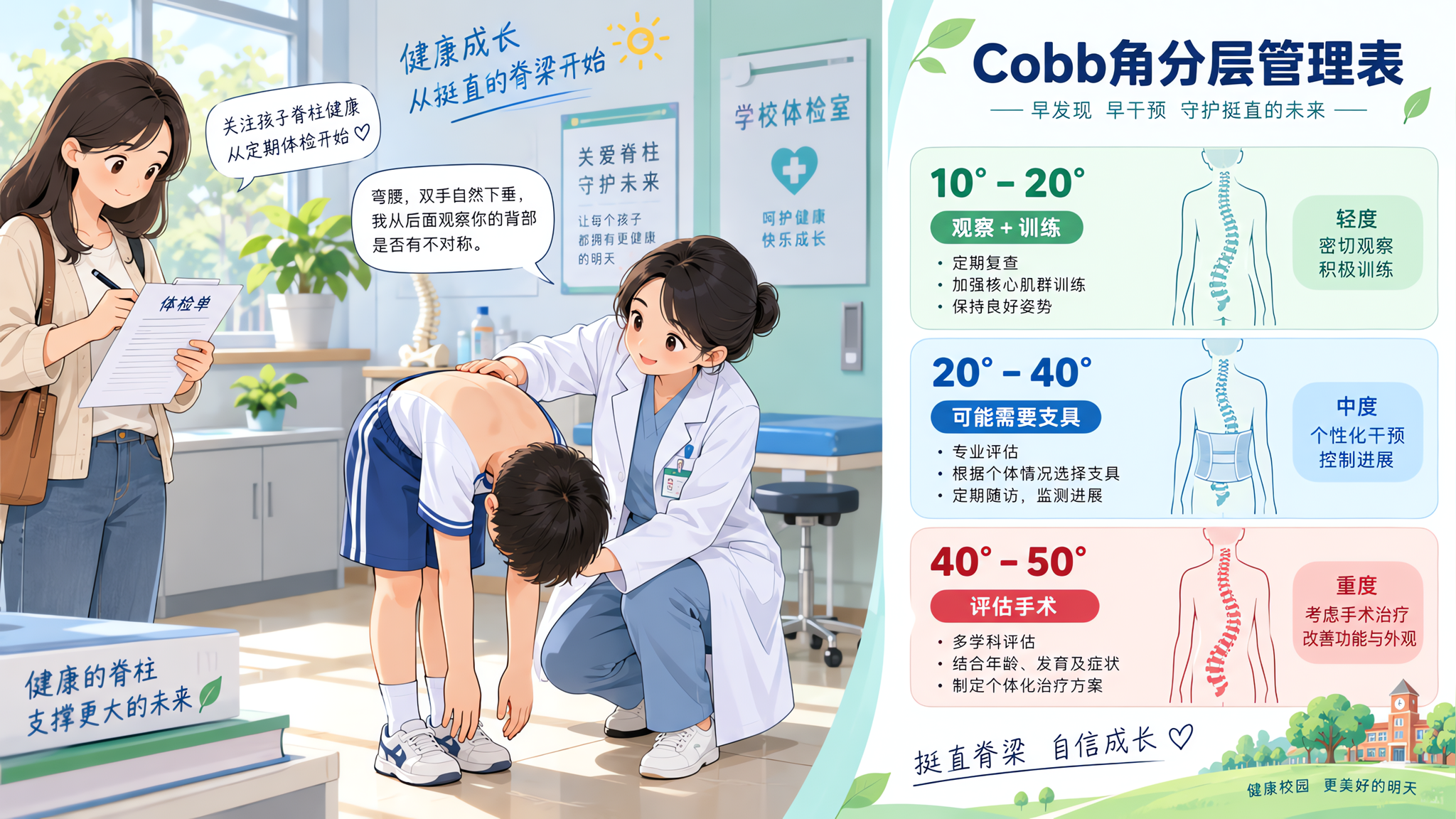 体检写“脊柱侧弯待查”：Cobb角到多少该支具/手术？