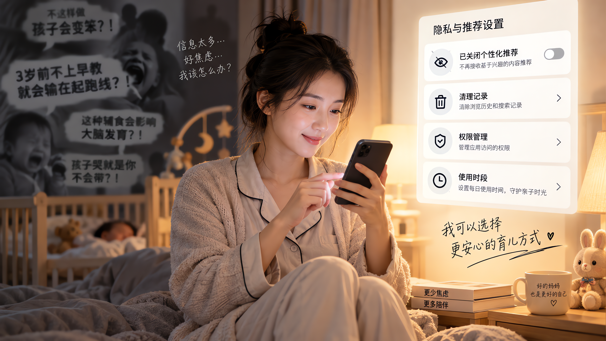 中国年轻妈妈夜晚坐在卧室床边，房间柔和暖光，旁边婴儿小床虚化背景，妈妈拿着手机正在进行“隐私与推荐设