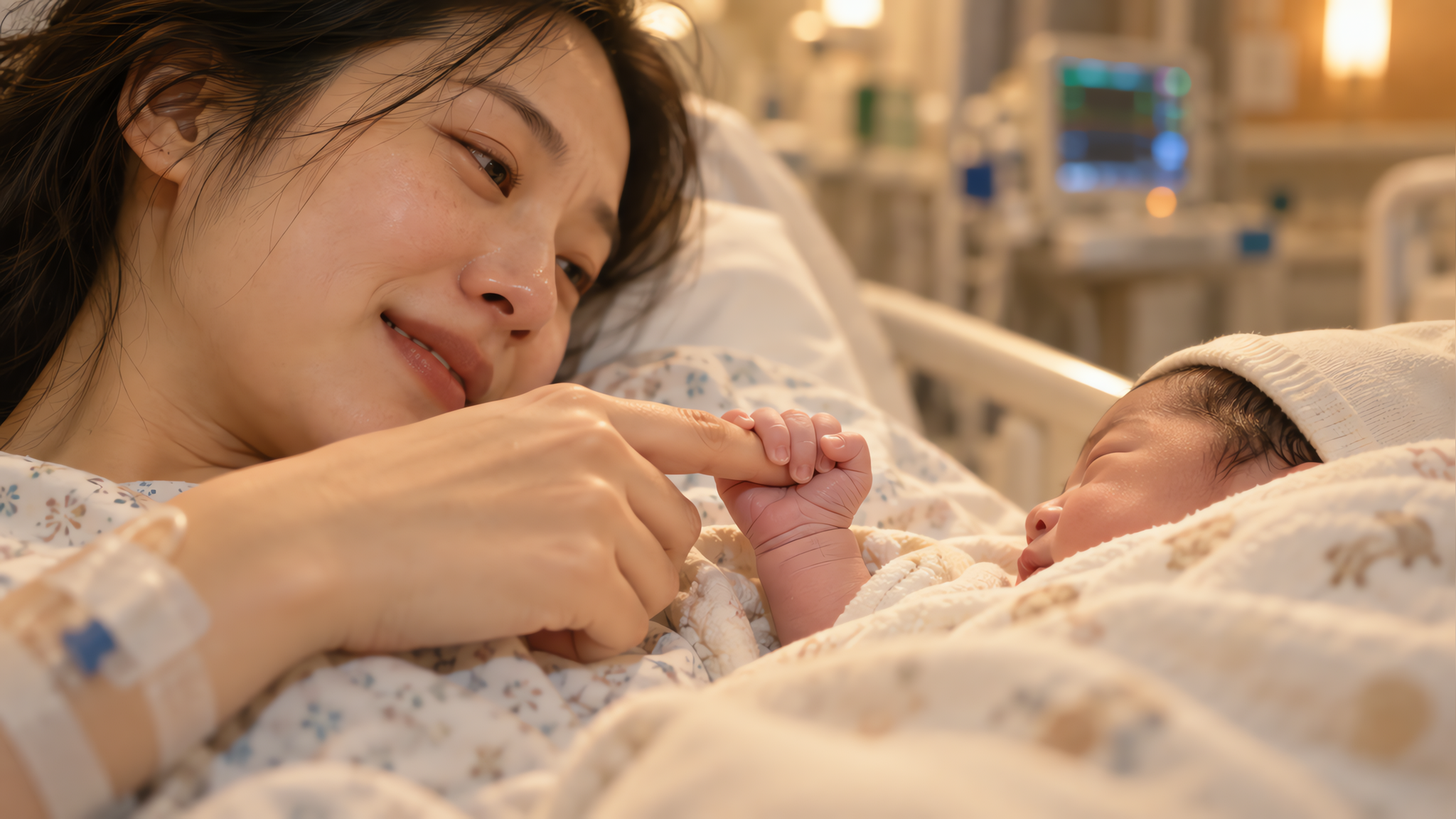 产房内暖光场景，中国年轻妈妈躺在产床上侧头看向怀里的新生儿，中国新生儿被襁褓包裹只露出手臂，小手紧紧