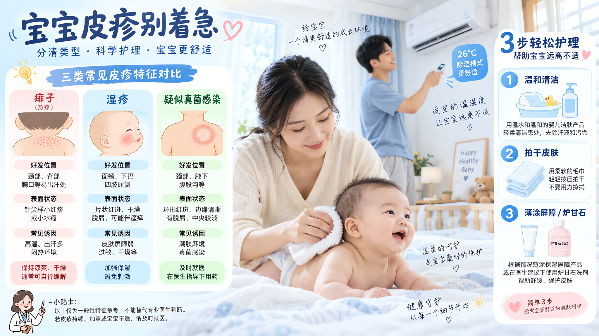 宝宝一出汗就起红疹？痱子湿疹真菌这样分