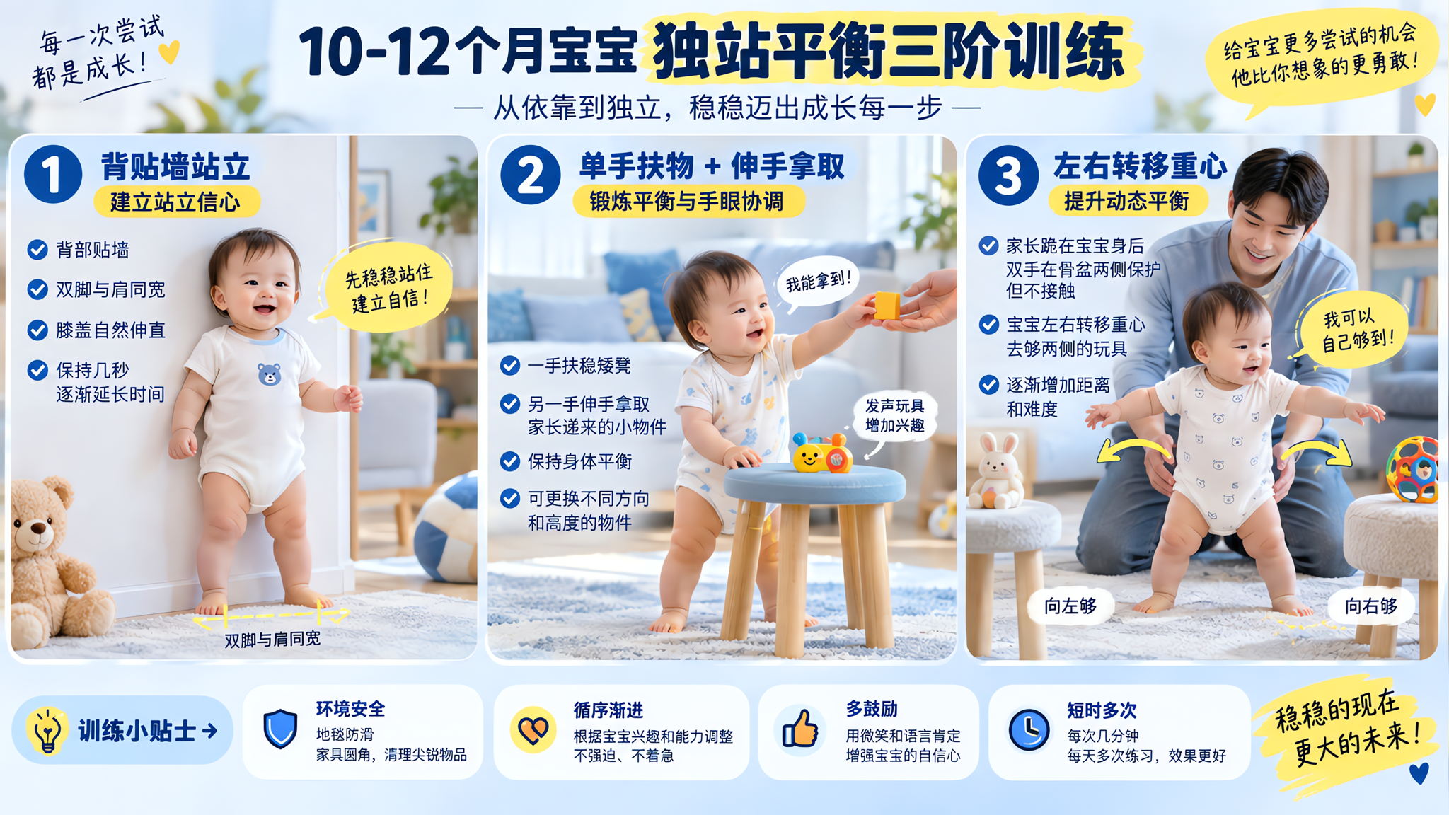 扶着走很溜，一松手就不敢站？10-12月独站3阶训练