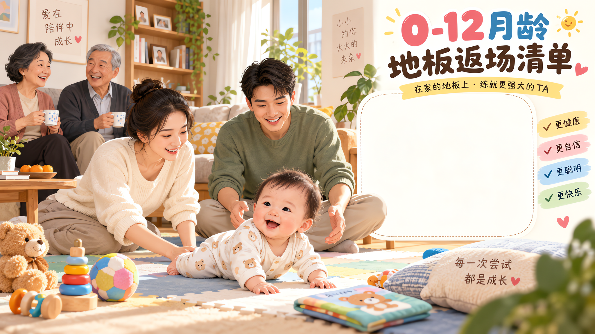 中国家庭客厅聚会场景，明亮温暖的室内自然光；中国年轻爸爸妈妈在客厅角落铺了软垫“地板角”，旁边有长辈
