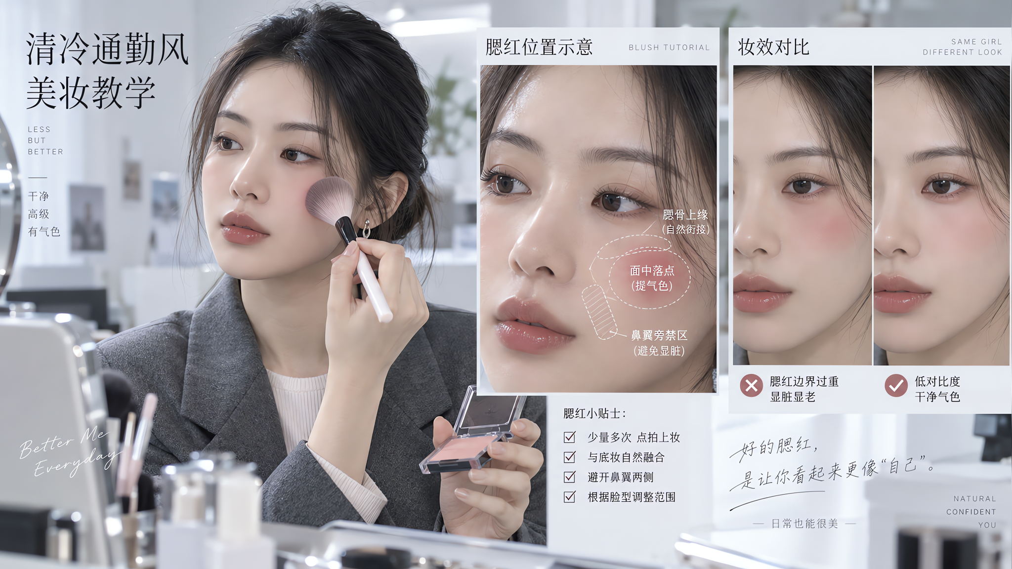 清冷通勤风的美妆教学场景，一位中国年轻女性在干净明亮的室内（白墙、浅灰背景、简约梳妆台）对镜示范腮红