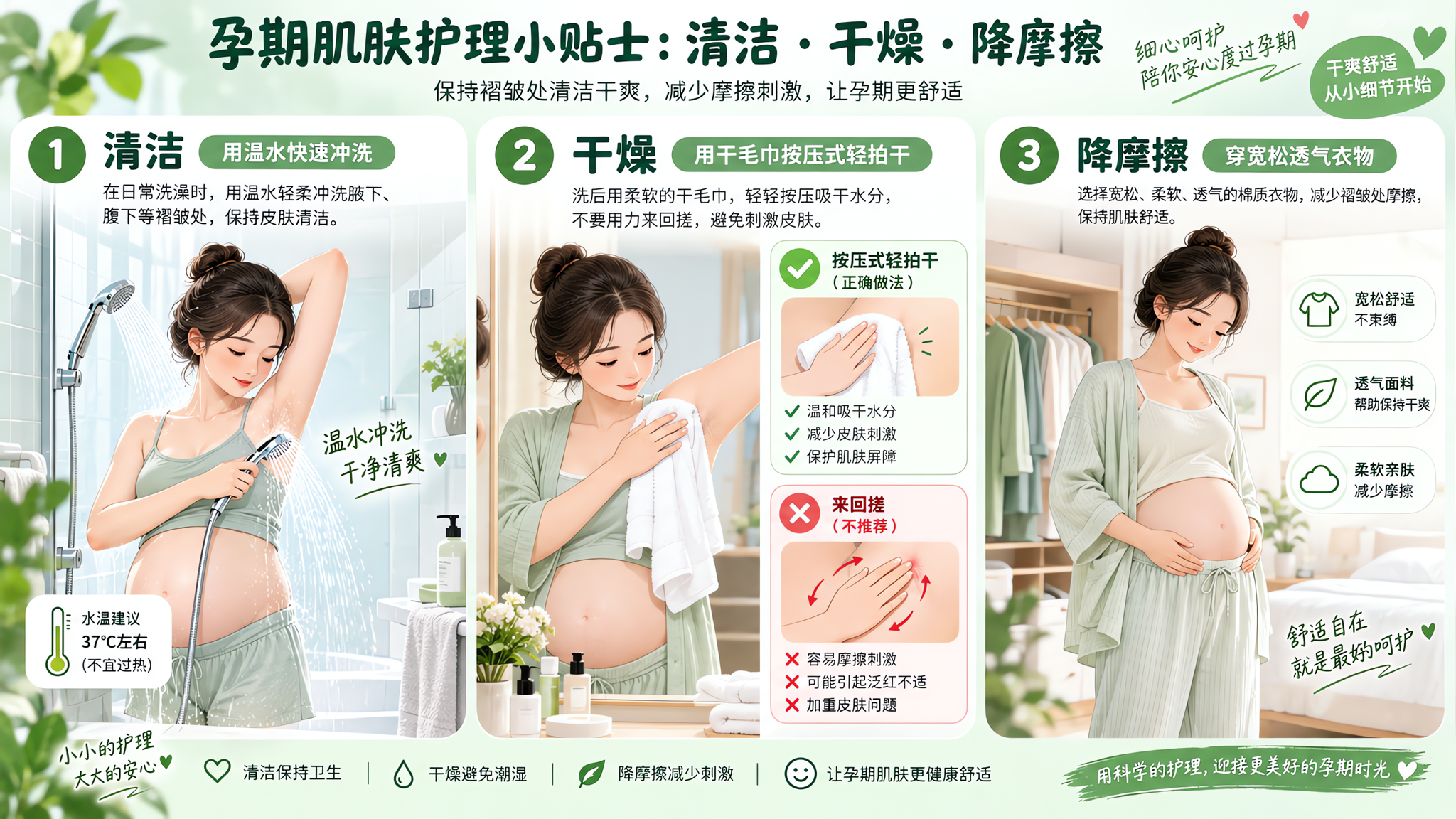清爽绿色系健康科普长图风格插画，场景为明亮整洁的家庭浴室与卧室更衣区的组合画面，中国孕妈（穿着保守家