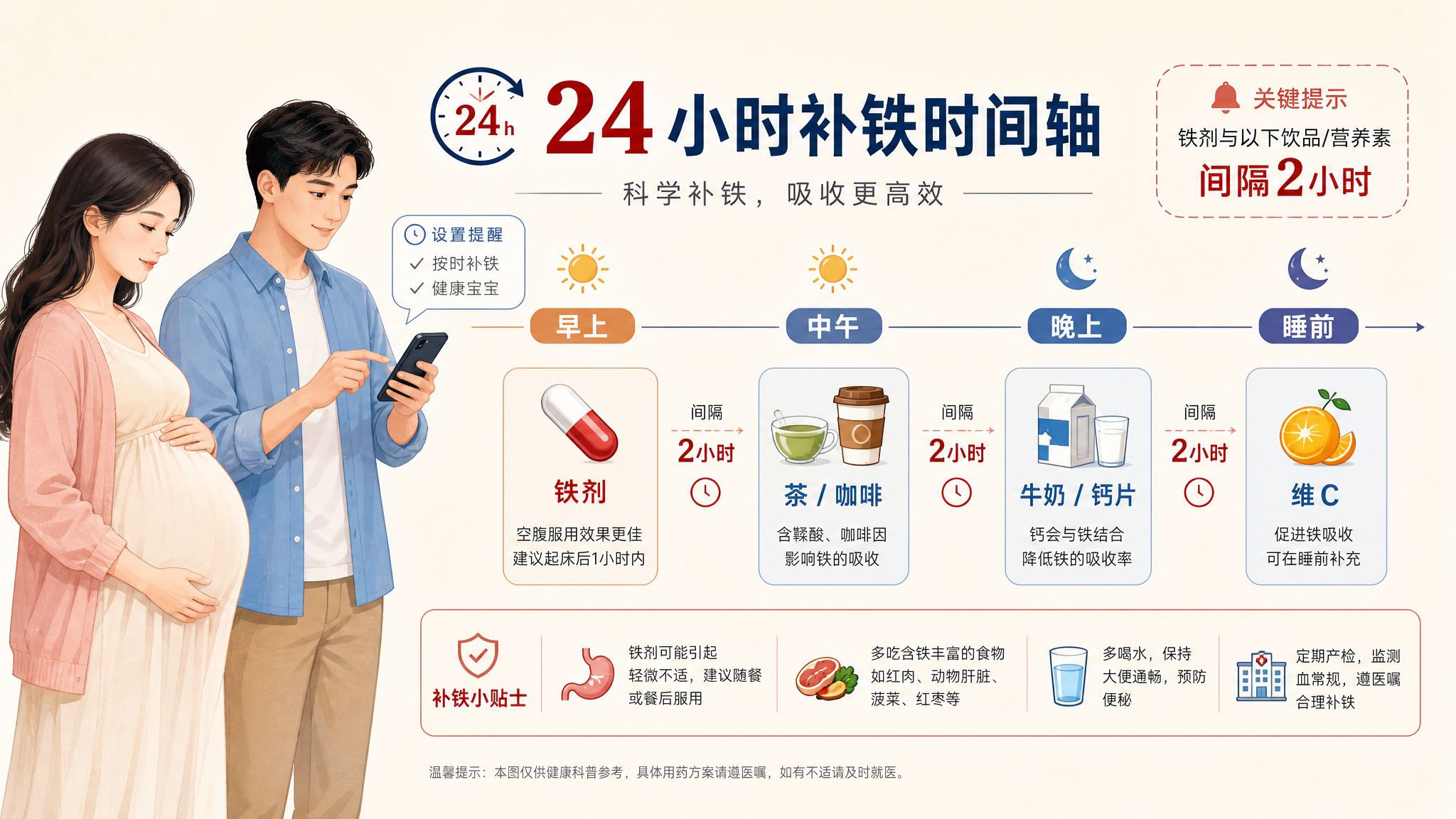 孕晚期补铁别白补：铁剂和茶咖啡钙片的2小时间隔表