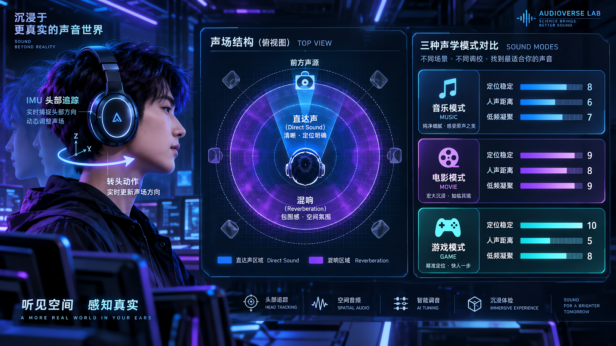 赛博声学风格科普插画，场景为深色背景的数字声学实验室界面，一位中国年轻男性侧脸佩戴头戴式耳机，做缓慢