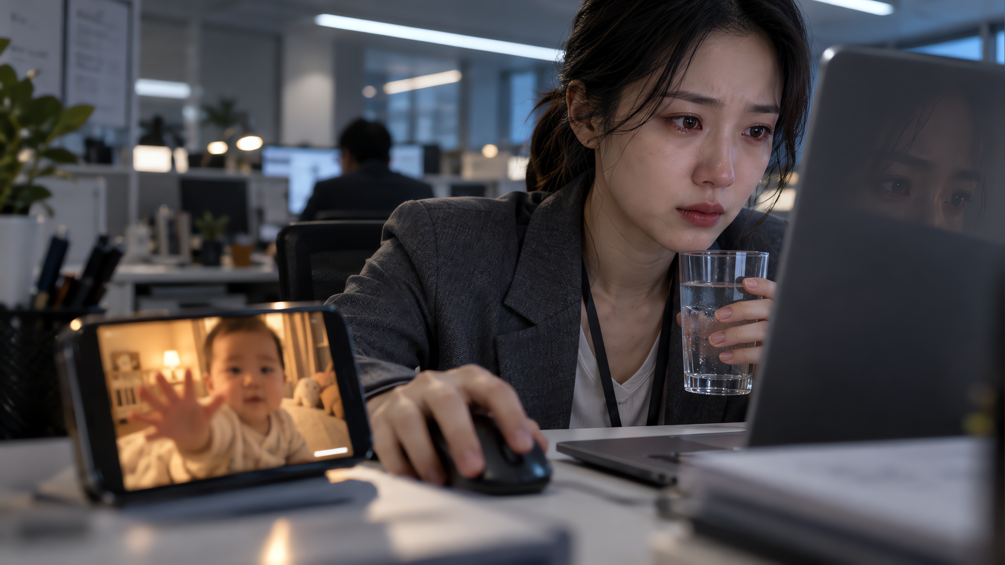 中国职场年轻妈妈在办公室工位前，电脑屏幕上微微反射出她湿润但克制的眼睛，她手边放着手机，手机屏幕上是