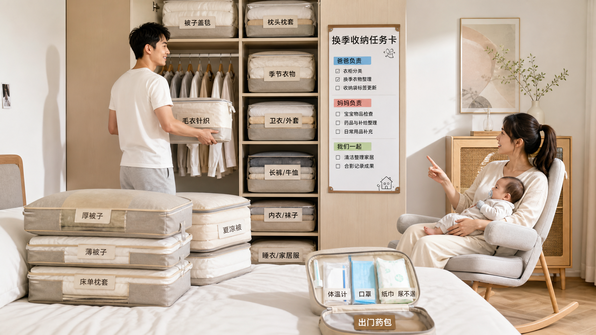 中国年轻爸爸在家中卧室衣柜前进行换季收纳，衣柜被清晰分区并贴有中文标签收纳袋，旁边床上整齐叠放按厚度