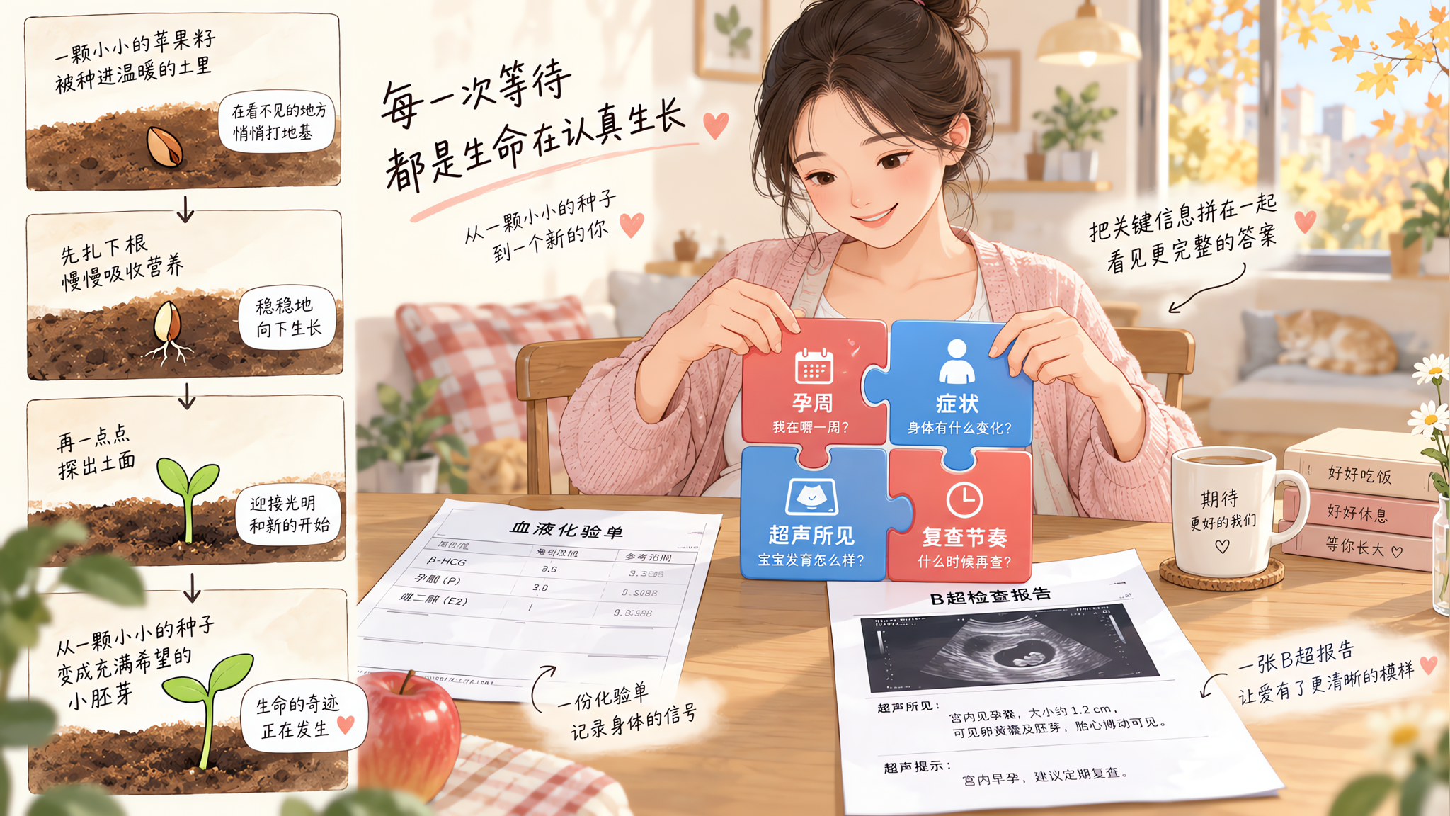 竖版信息图与手绘分镜结合的插画风画面，中国年轻孕妈坐在温暖的家中餐桌旁，桌上放着一张化验单和一张B超