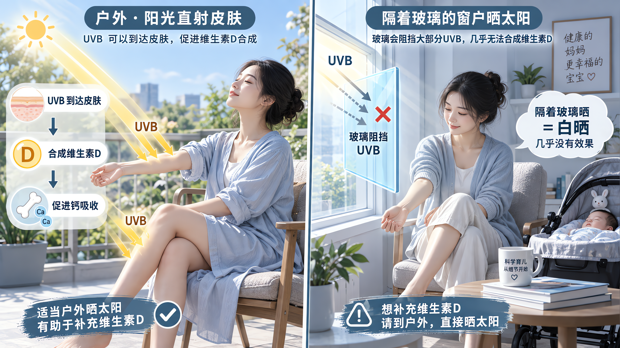医用灰蓝冷调的科普插画风格画面，中国年轻哺乳期妈妈坐在家中靠窗的椅子上，旁边有婴儿车，妈妈伸出前臂和