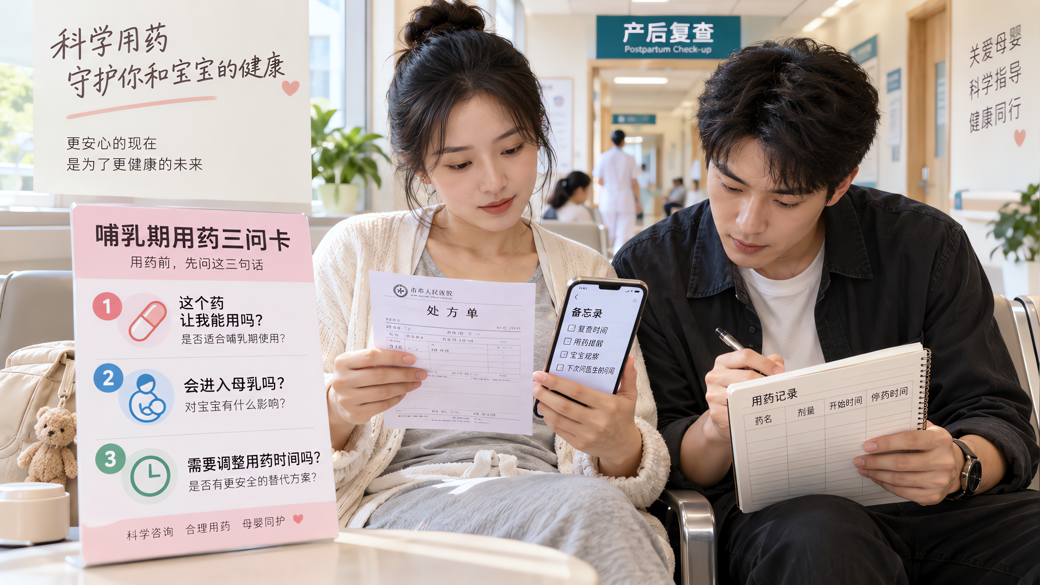 中国年轻妈妈在医院产后复查的走廊座椅上，穿着简洁日常，手里拿着处方单和手机备忘录，旁边中国年轻爸爸拿