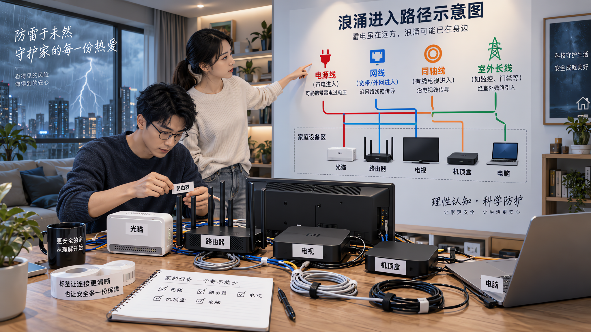 现代中国家庭客厅一角，画面中有中国年轻夫妻在桌前整理家庭设备线路，一人手持标签纸给“光猫、路由器、电