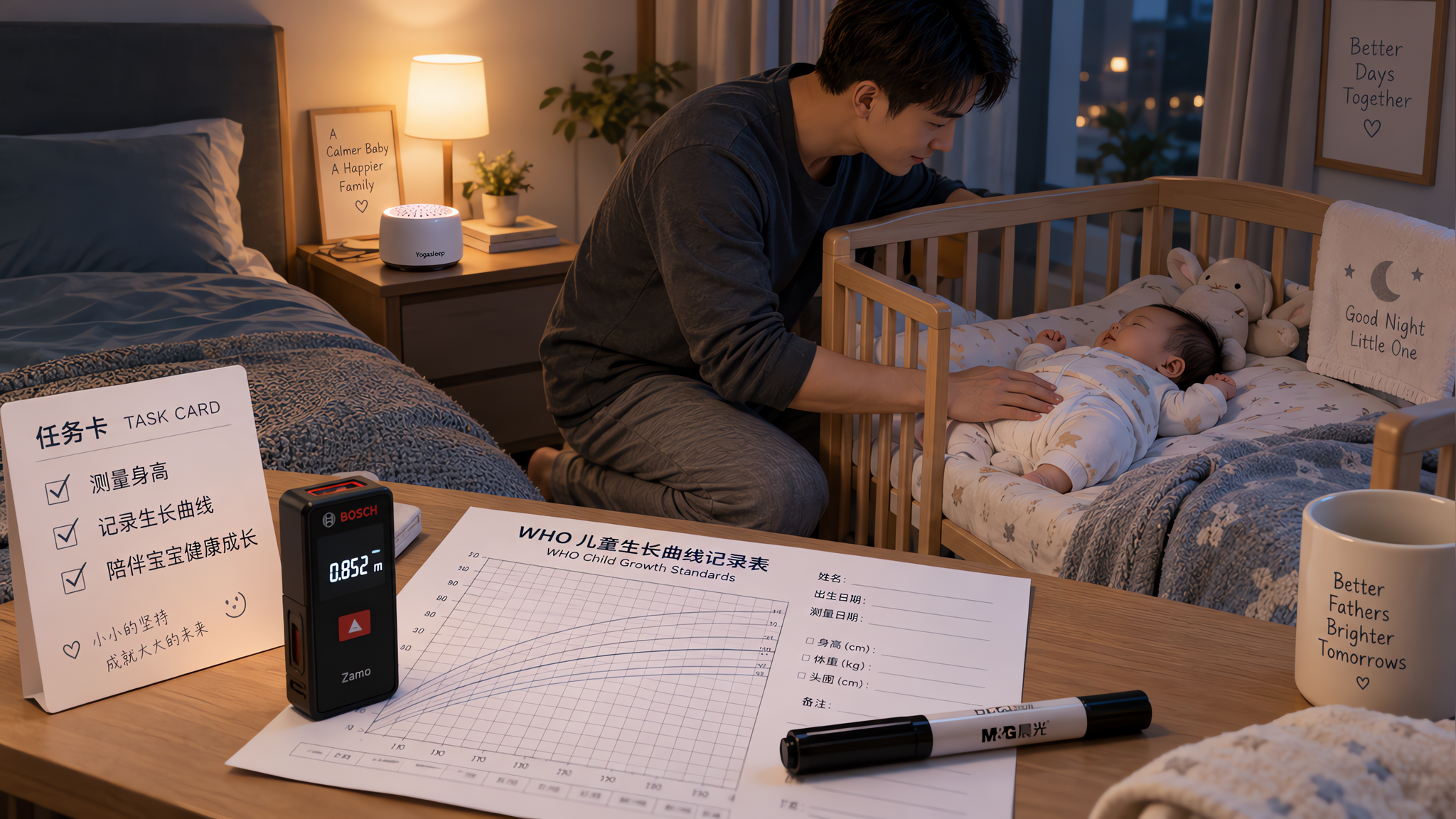 中国年轻爸爸在夜间的卧室里照顾中国婴儿,场景为温暖干净的家庭卧室,爸爸半跪在婴儿床旁,单手轻压婴儿骨