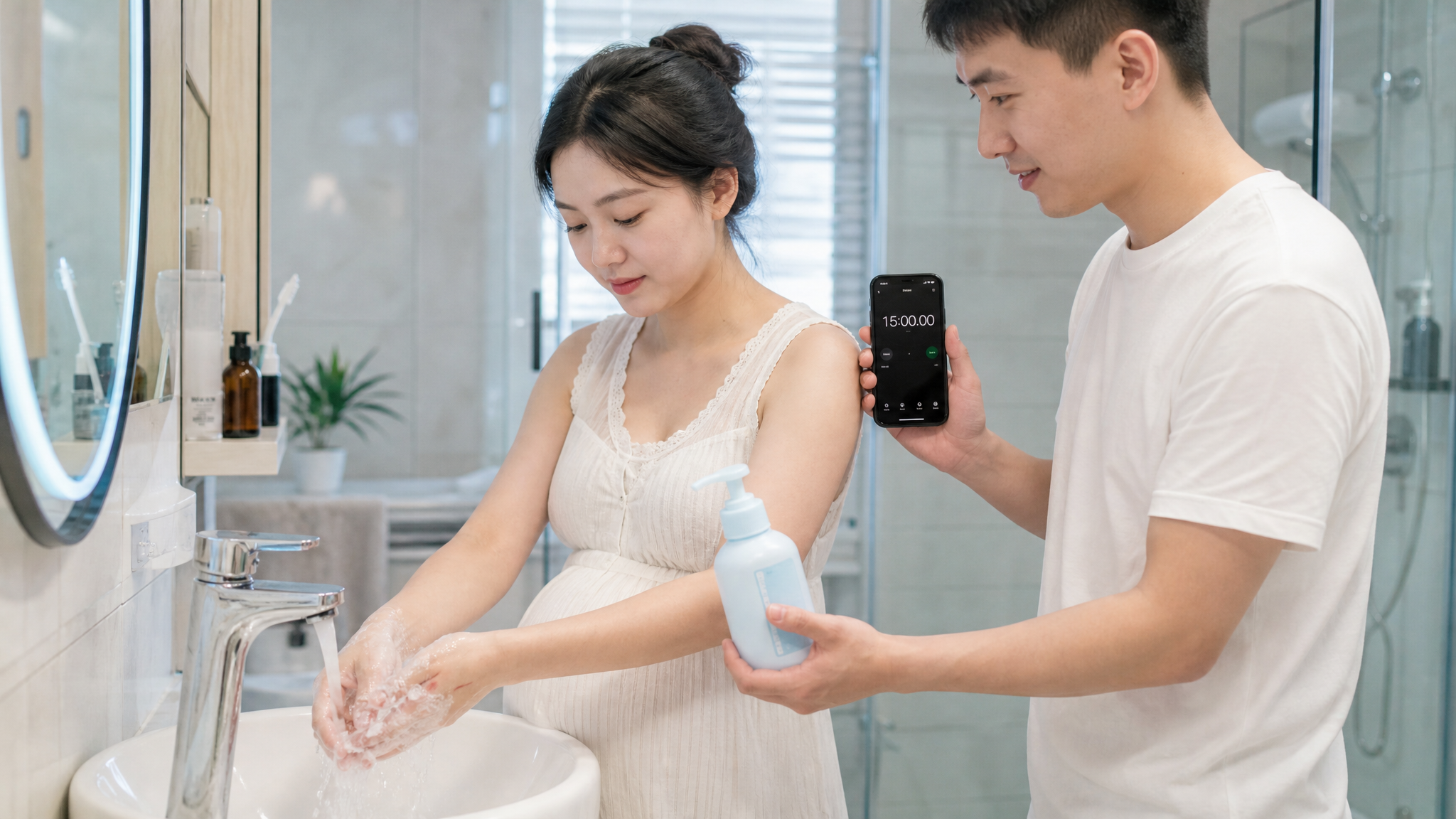 中国年轻孕妈妈在家庭卫生间洗手池前进行伤口冲洗急救，旁边中国年轻准爸爸拿着计时器/手机计时并递上肥皂