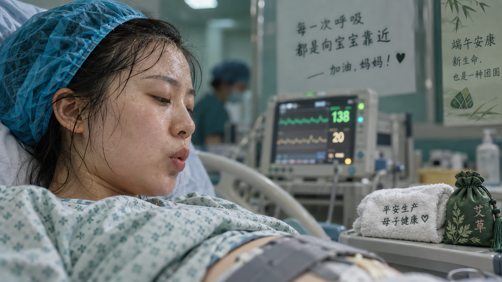 中国年轻产妇在医院产房的侧面特写，额头与发丝汗湿，佩戴一次性发带，眼神专注在呼气放松，旁边可见模糊的