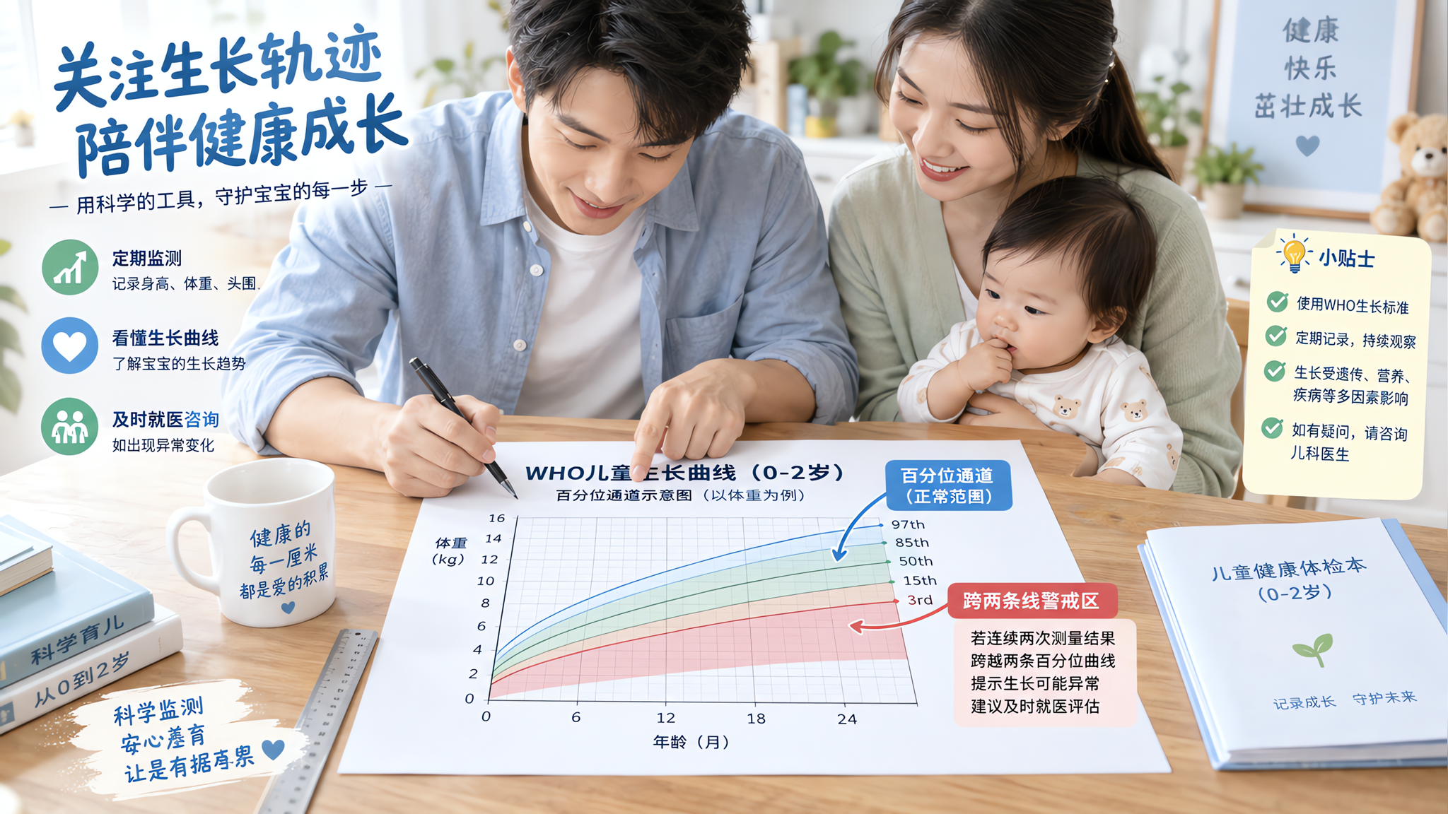 门诊宣教单风格的一页式信息海报,场景为明亮整洁的家庭餐桌旁,中国年轻爸爸坐着用笔在A4纸上绘制WHO