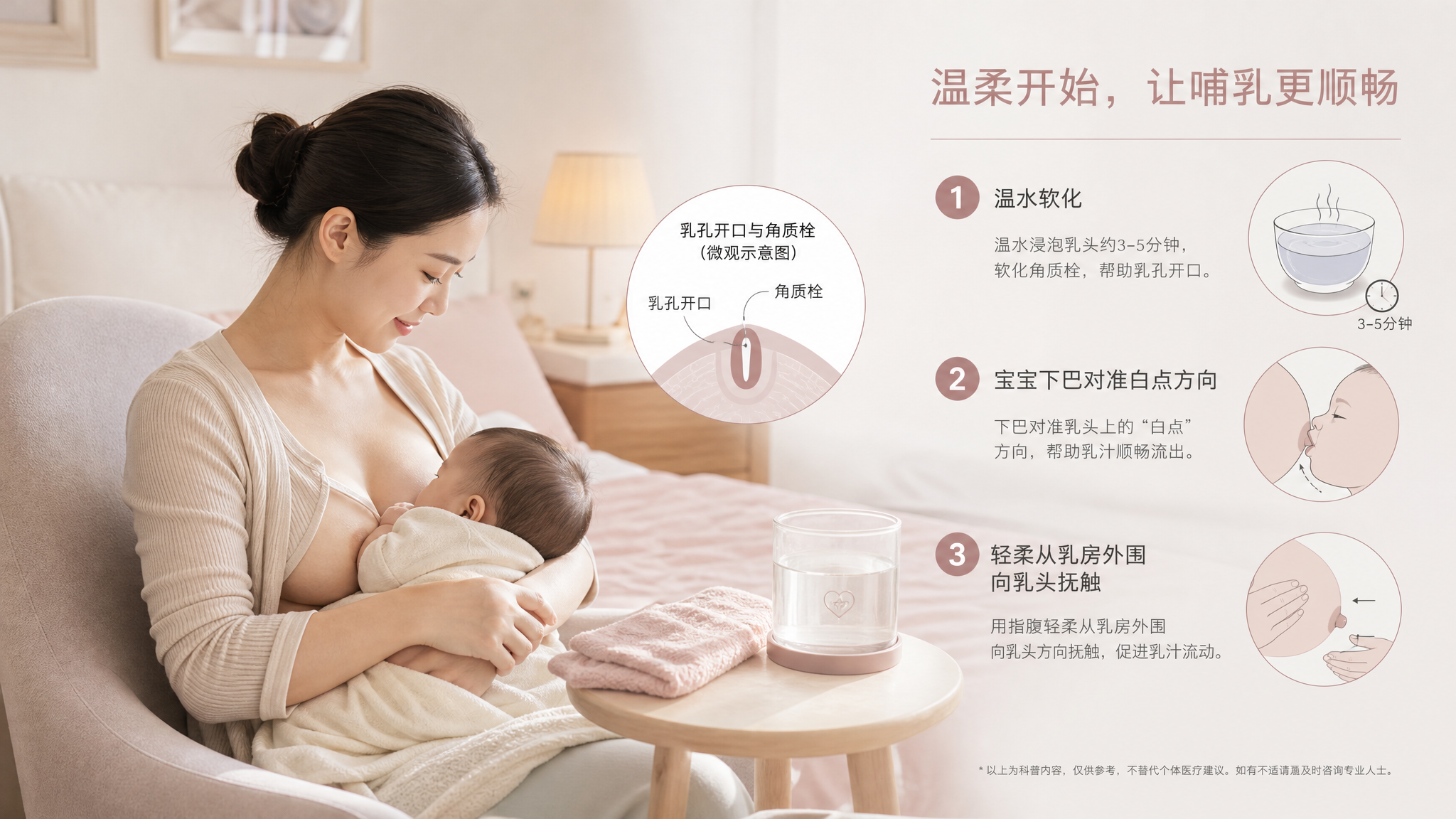 中国年轻妈妈在家中卧室/育儿角,坐在床边或哺乳椅上准备哺乳,桌面上有一个温水杯用于浸泡乳头(不露点、