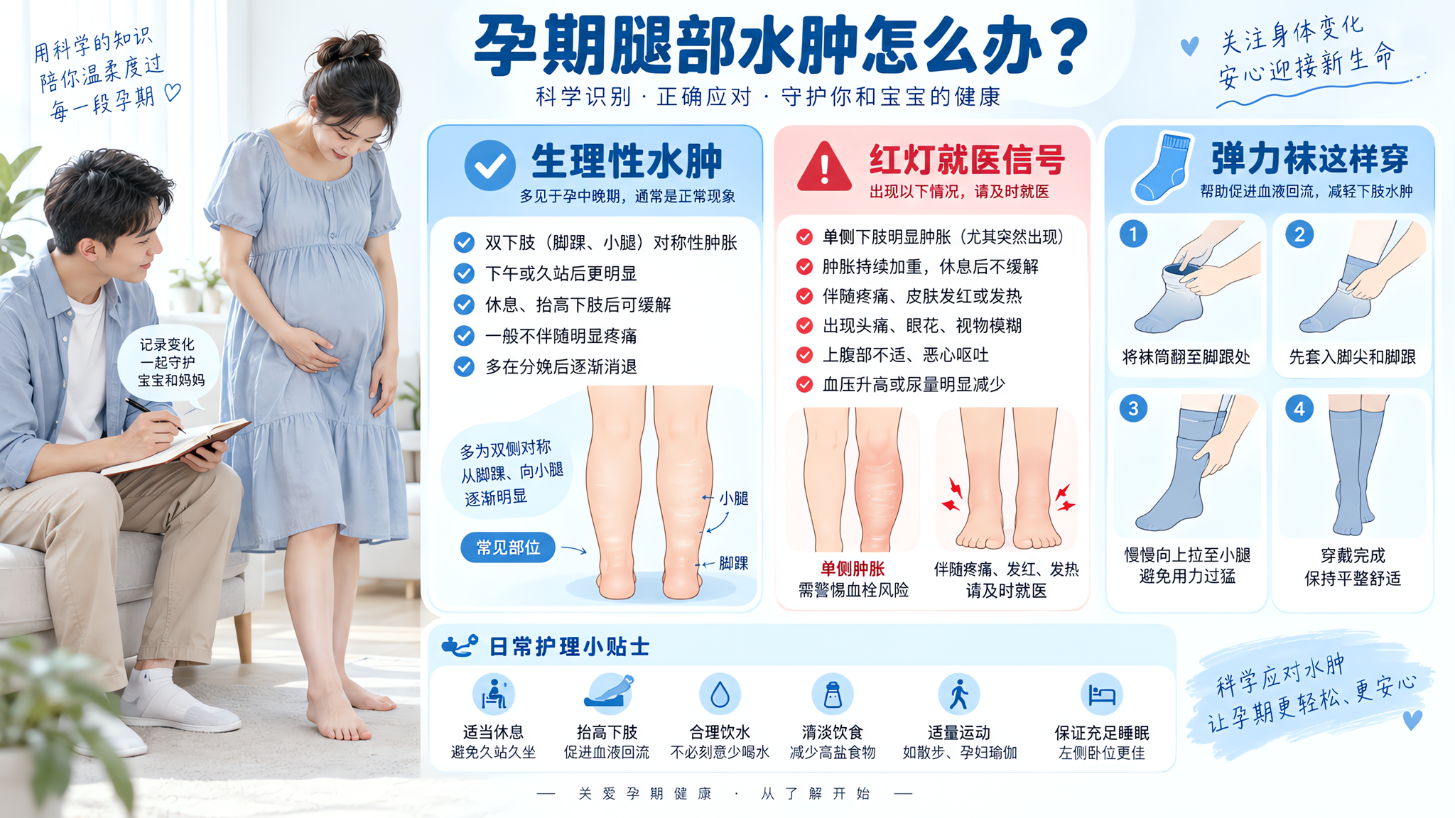 医学科普信息图风格的画面，一位中国孕妇站在简洁明亮的室内，穿着宽松孕妇连衣裙，低头观察自己双腿肿胀情