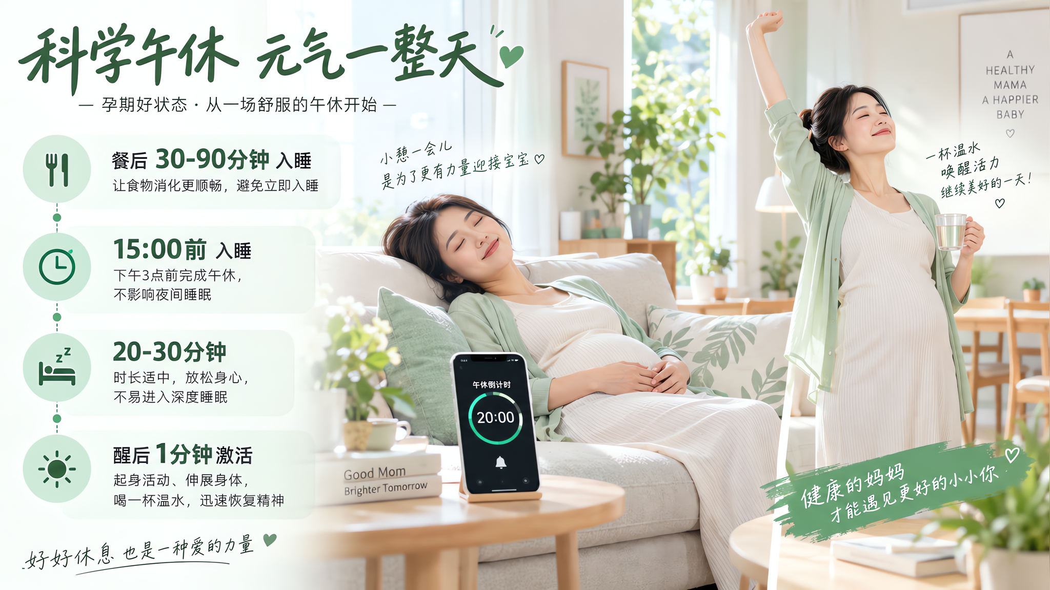 明亮清新的卧室与客厅过渡场景，中国孕妈在沙发上靠坐小憩，旁边手机闹钟显示20分钟倒计时，画面左侧以简