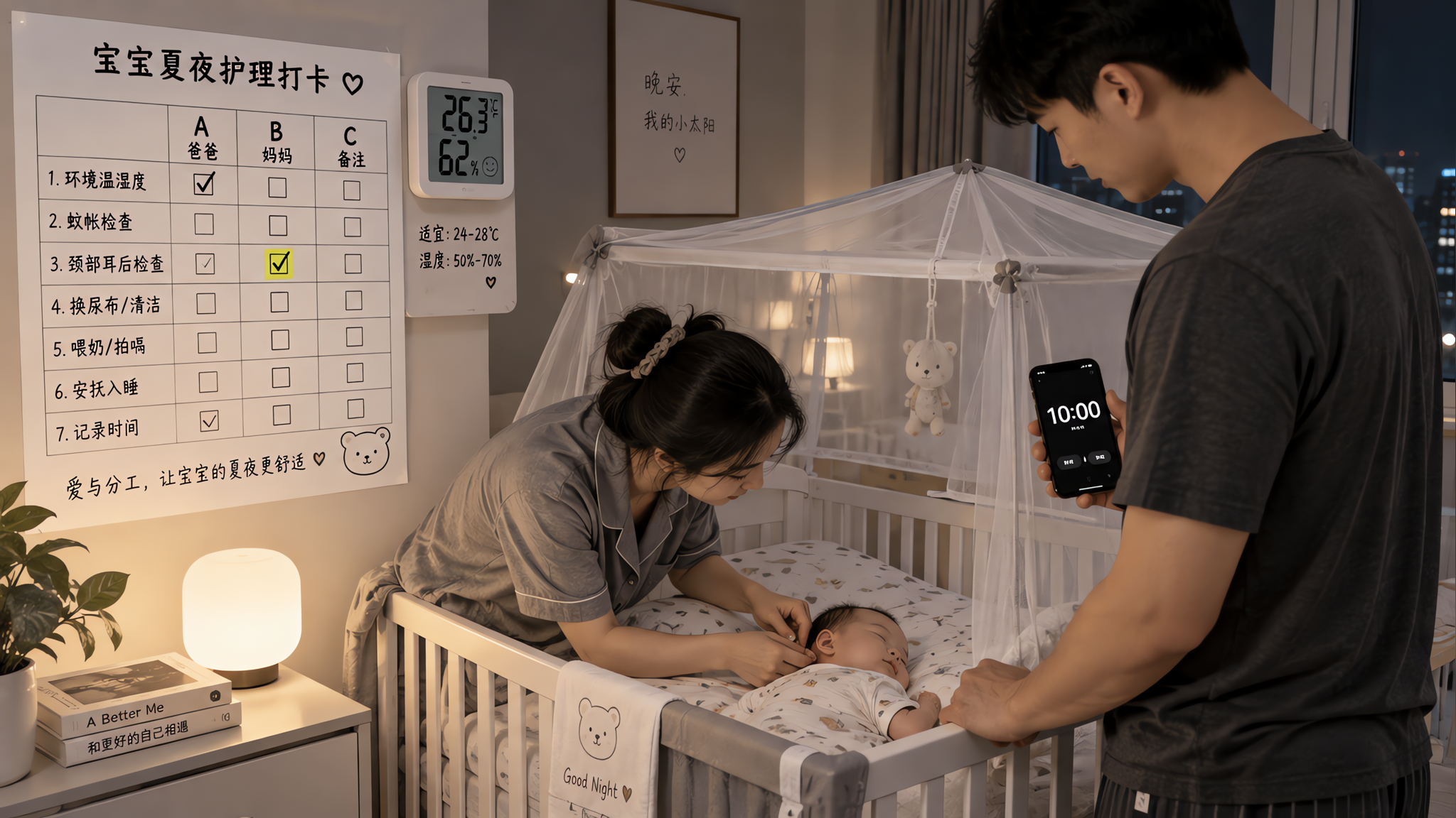 中国年轻父母在夜晚的卧室里进行婴儿夏夜护理分工打卡,爸爸站在婴儿床旁查看温湿度计并用手机计时器显示1