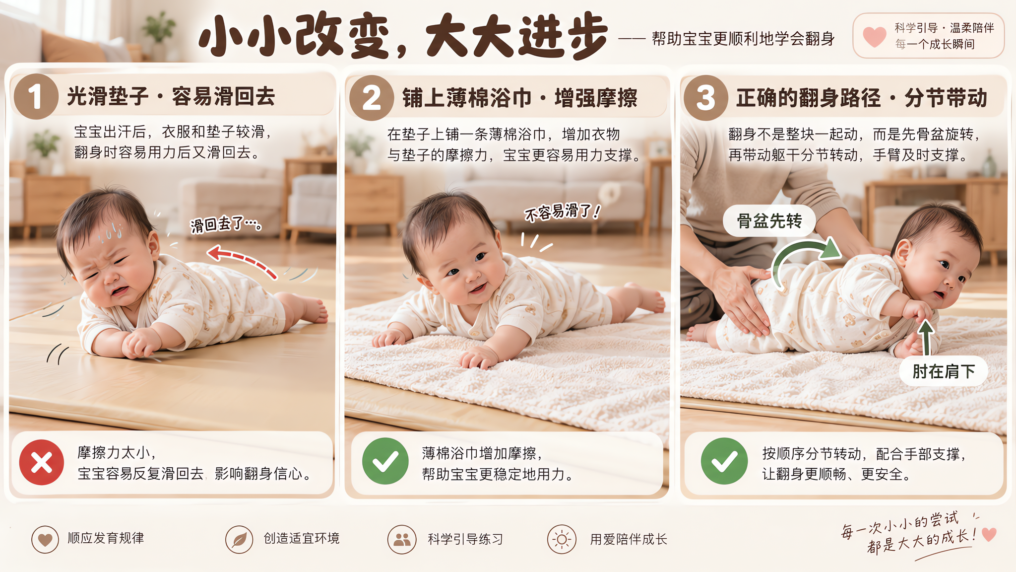 三格对比信息图风格插画,场景为中国家庭客厅木地板+原木色垫子,中国婴儿穿薄棉连体衣在垫子上练习翻身,