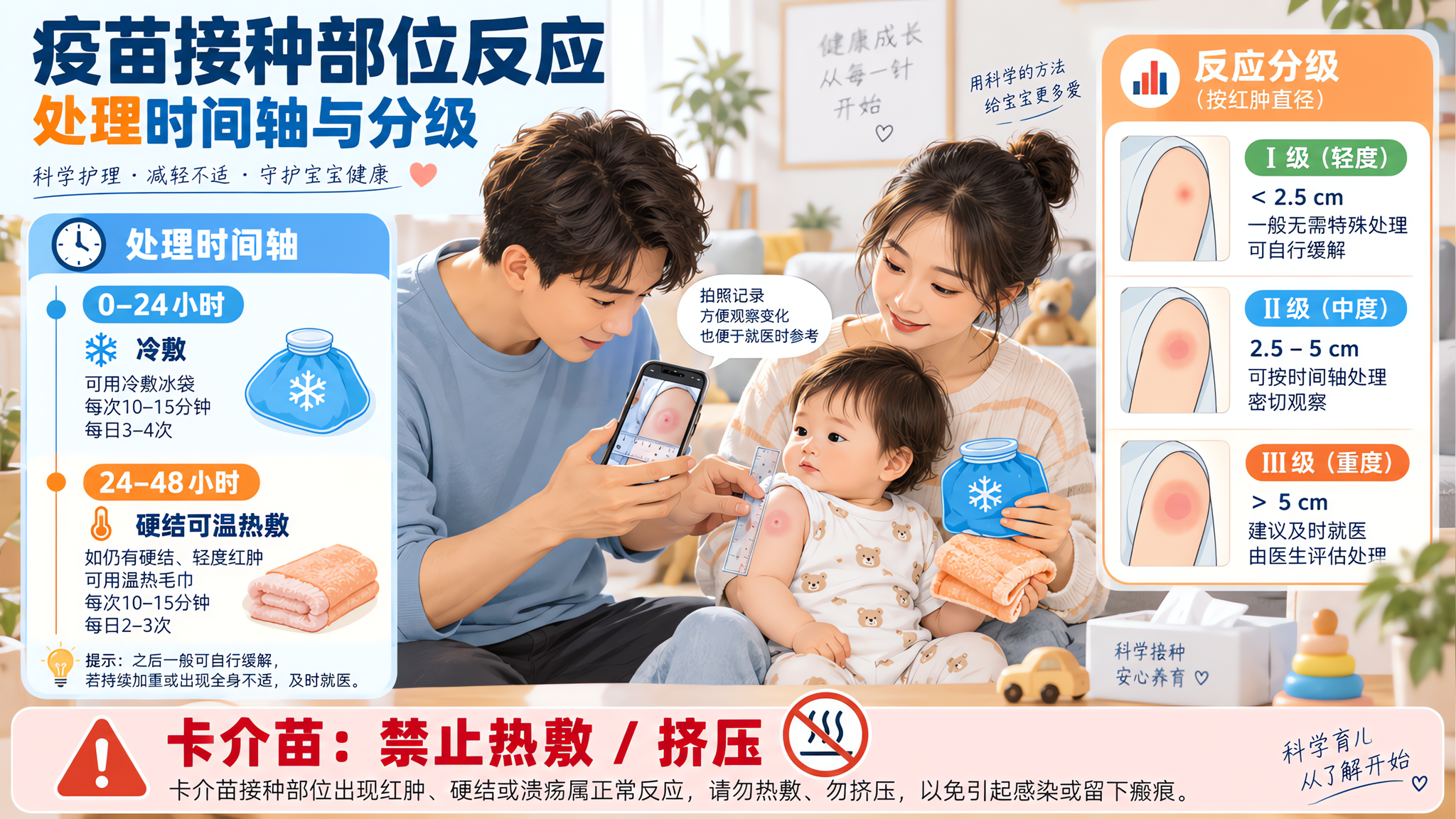 科普信息图风格的画面，主题为“疫苗接种部位反应处理时间轴与分级”，画面中有中国年轻父母在家中客厅照看