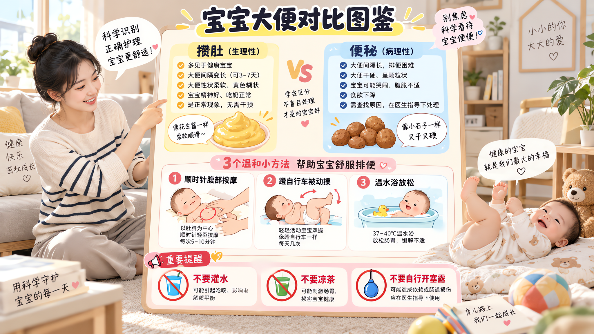 场景为明亮整洁的家庭客厅,画面中心是一张“对比图鉴”信息图风格海报,由中国年轻妈妈坐在沙发旁讲解,旁