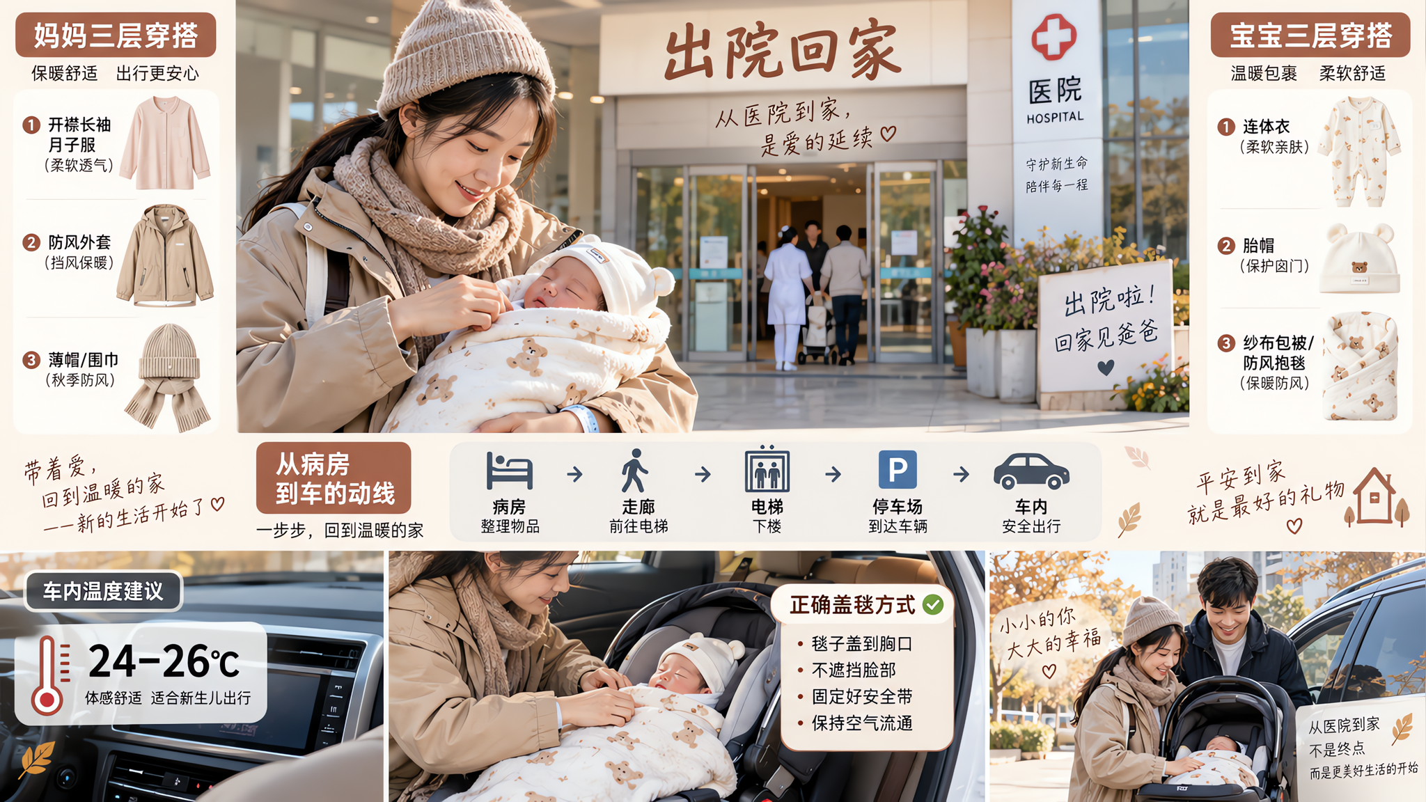 中国年轻妈妈与新生儿出院返家场景，画面为信息图式生活方式摄影构图：左侧妈妈三层穿搭（开襟长袖月子服+