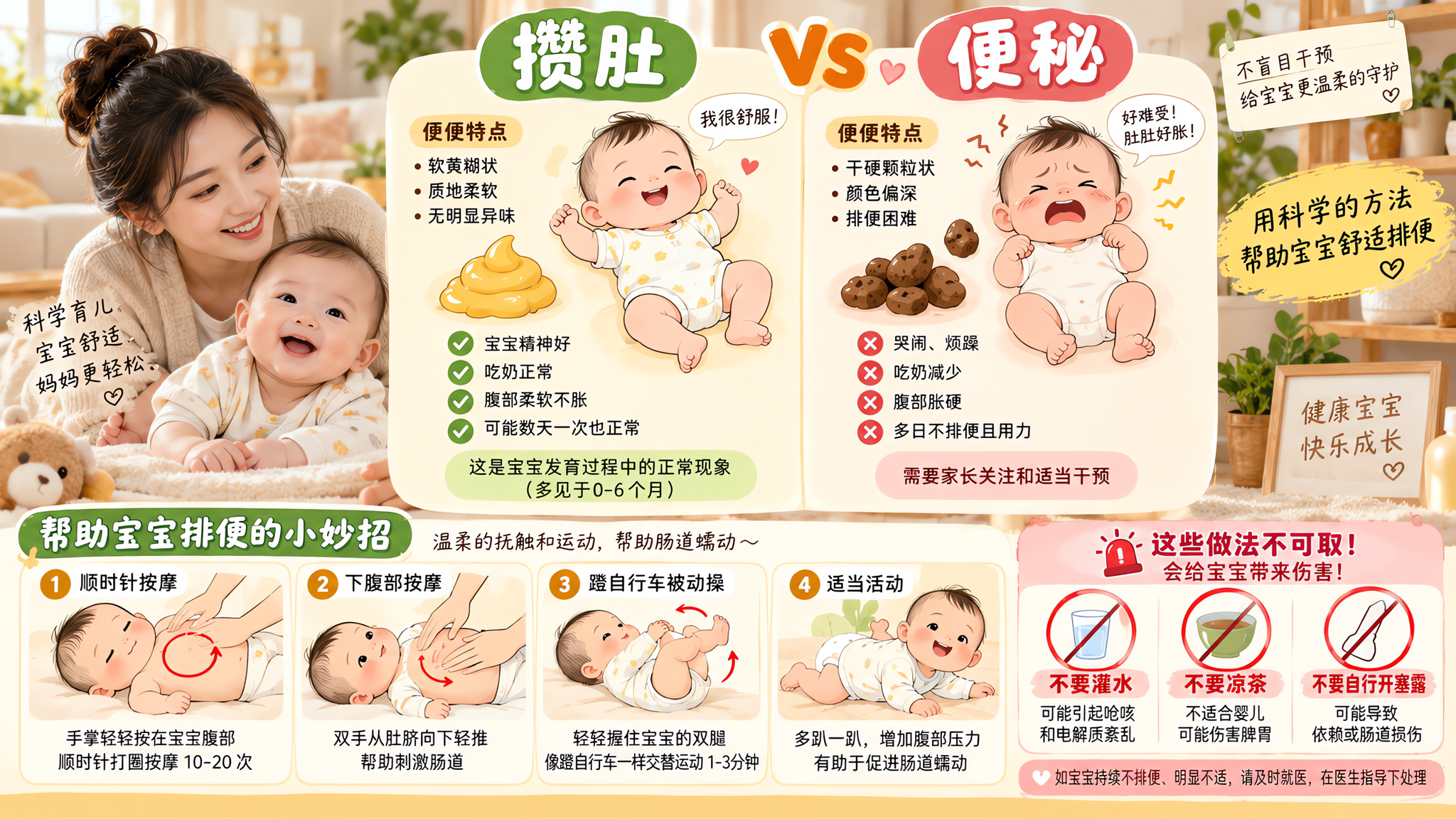 竖版信息图海报构图,场景为明亮温暖的家庭客厅,中心主体是“攒肚 vs 便秘”对比图鉴:左侧用简洁插画