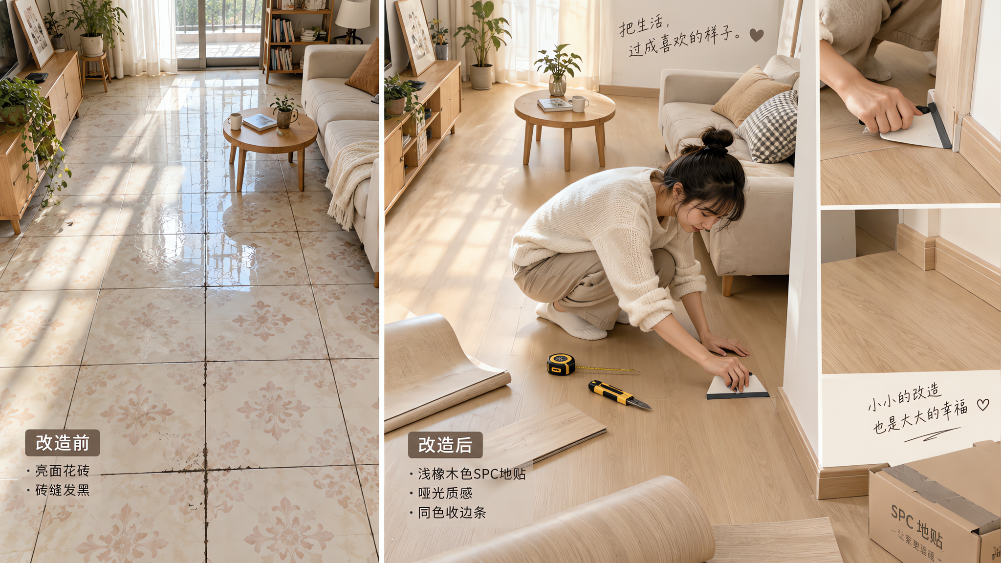 不砸不敲：用SPC地贴+收边条拯救丑地砖