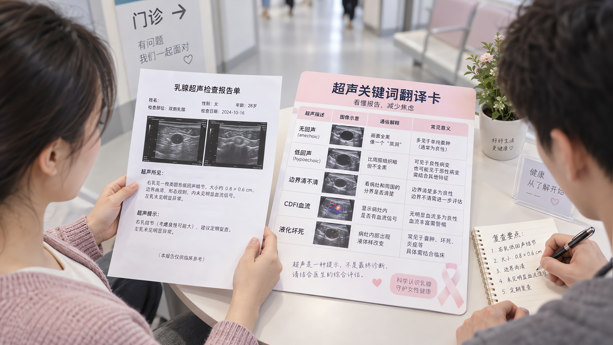 场景为医院门诊走廊旁的咨询角落,中国年轻妈妈穿着简洁针织开衫,手里拿着乳腺超声报告单,旁边中国年轻爸