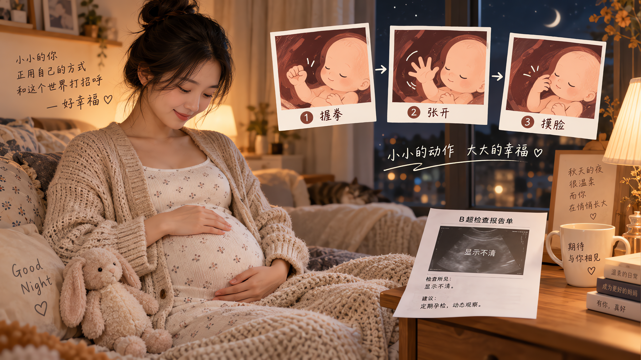 温暖秋夜室内场景，中国年轻孕妈穿居家针织开衫，坐在床边或沙发上，手轻放在腹部感受胎动，旁边桌上有一张