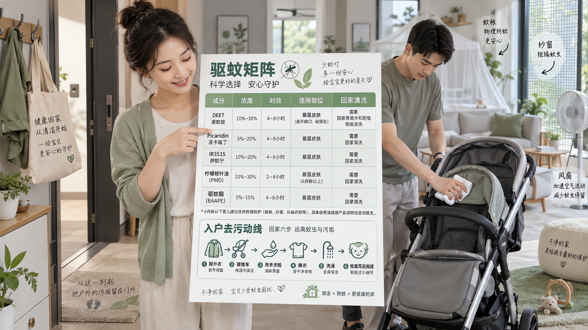中国年轻父母在家中玄关与客厅交界处,妈妈拿着一张A4信息图表(驱蚊矩阵:成分、浓度、时效、使用部位、