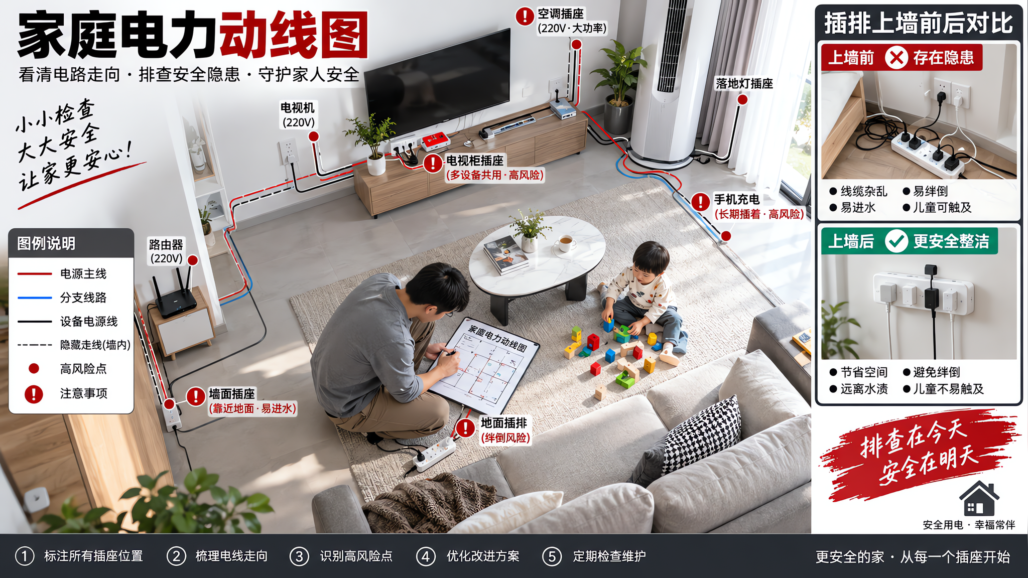 中国家庭客厅俯视角构图，一张“家庭电力动线图”视觉化呈现：地面与墙面插座、插排、线缆走向被清晰标注，