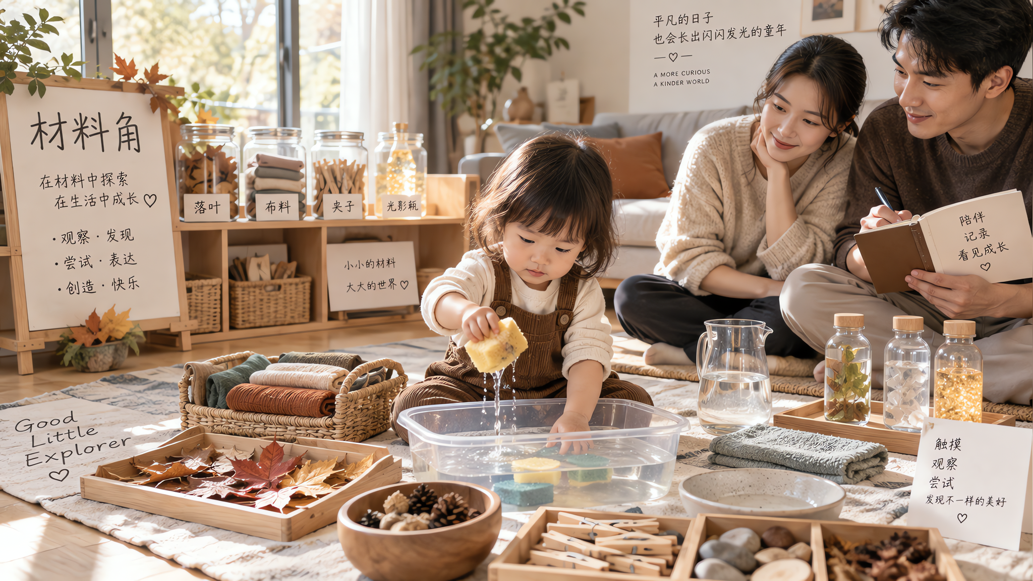 中国年轻父母在家中客厅布置“材料角”，一名中国1-3岁幼儿坐在地垫上专注玩水与海绵，旁边有低饱和秋日
