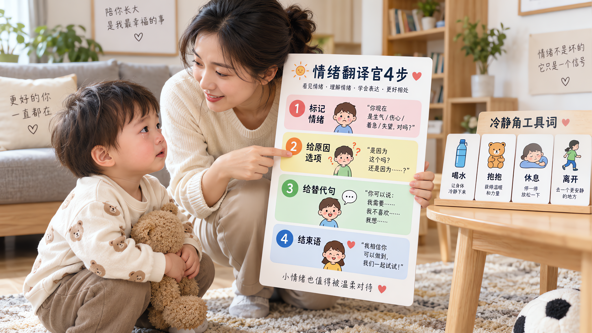 中国年轻妈妈在家中客厅与中国2岁幼儿面对面蹲下交流，妈妈表情温柔坚定，手势指向一张简洁的“情绪翻译官