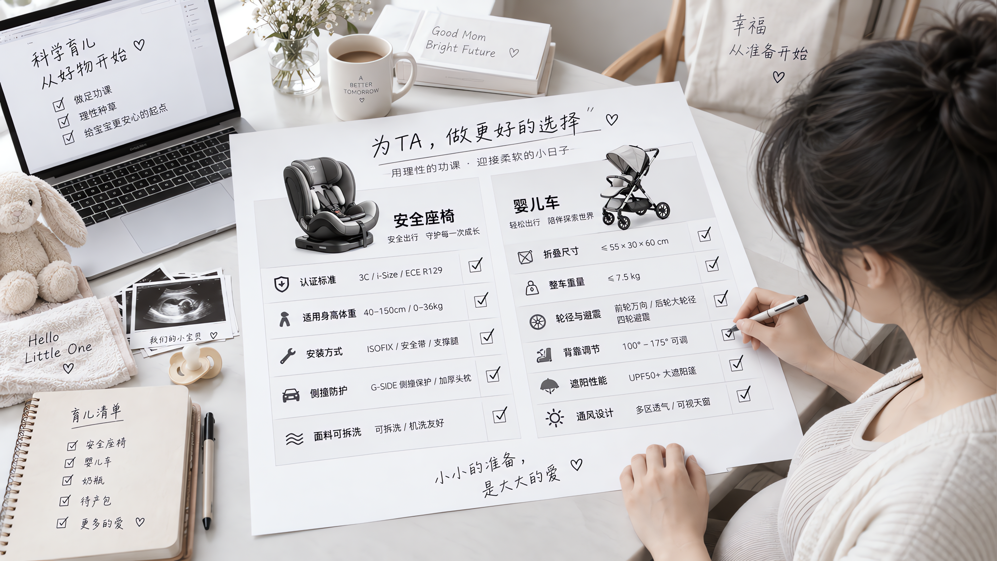 黑白灰极简数码风信息图场景，中国年轻准妈妈在家中餐桌前整理母婴用品功课，桌面放着笔记本电脑和打印的对