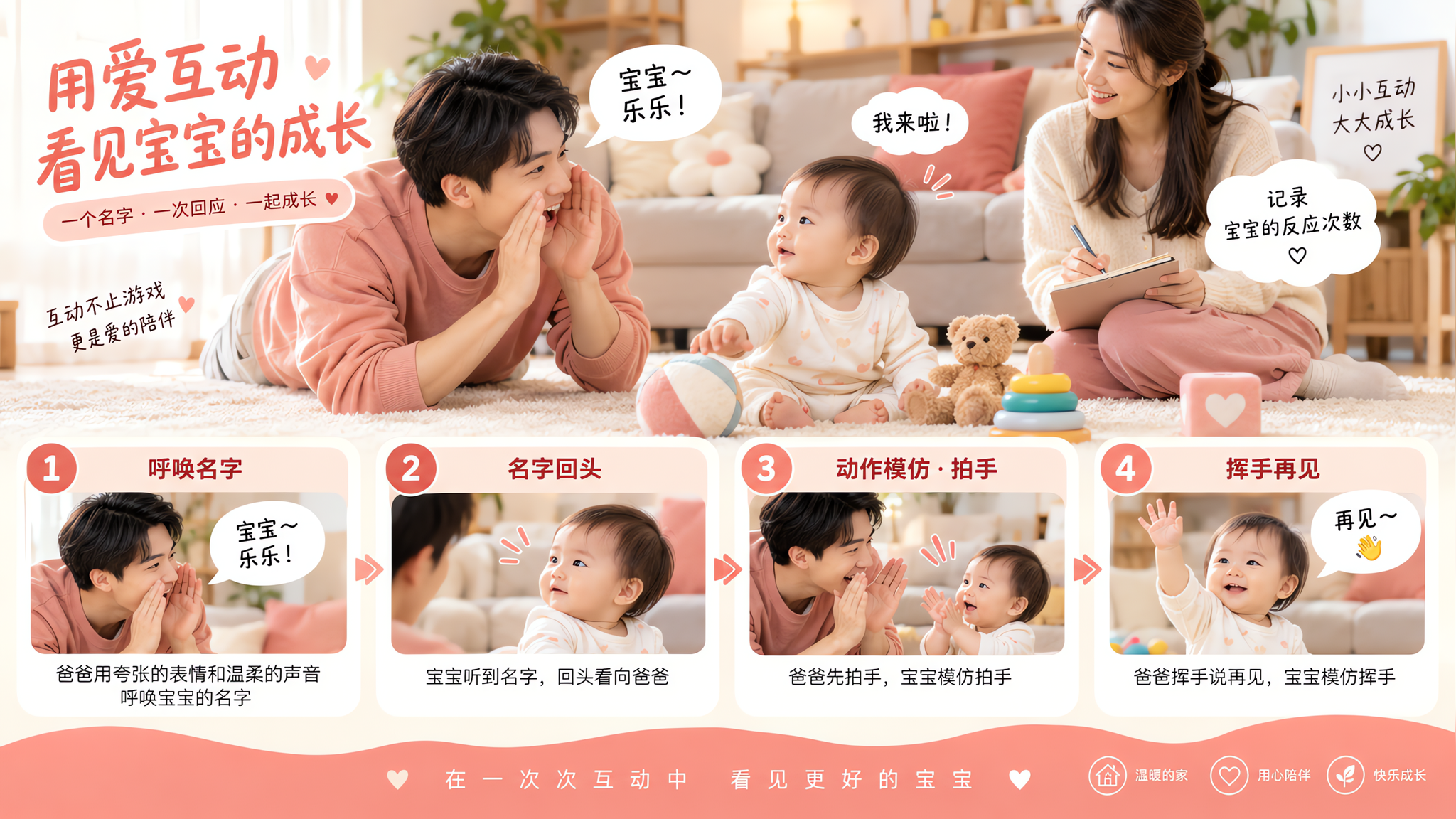 温暖亲子居家场景,中国年轻爸爸妈妈与8-12个月中国婴儿在客厅地毯上进行“无台词轮次互动”亲子游戏,