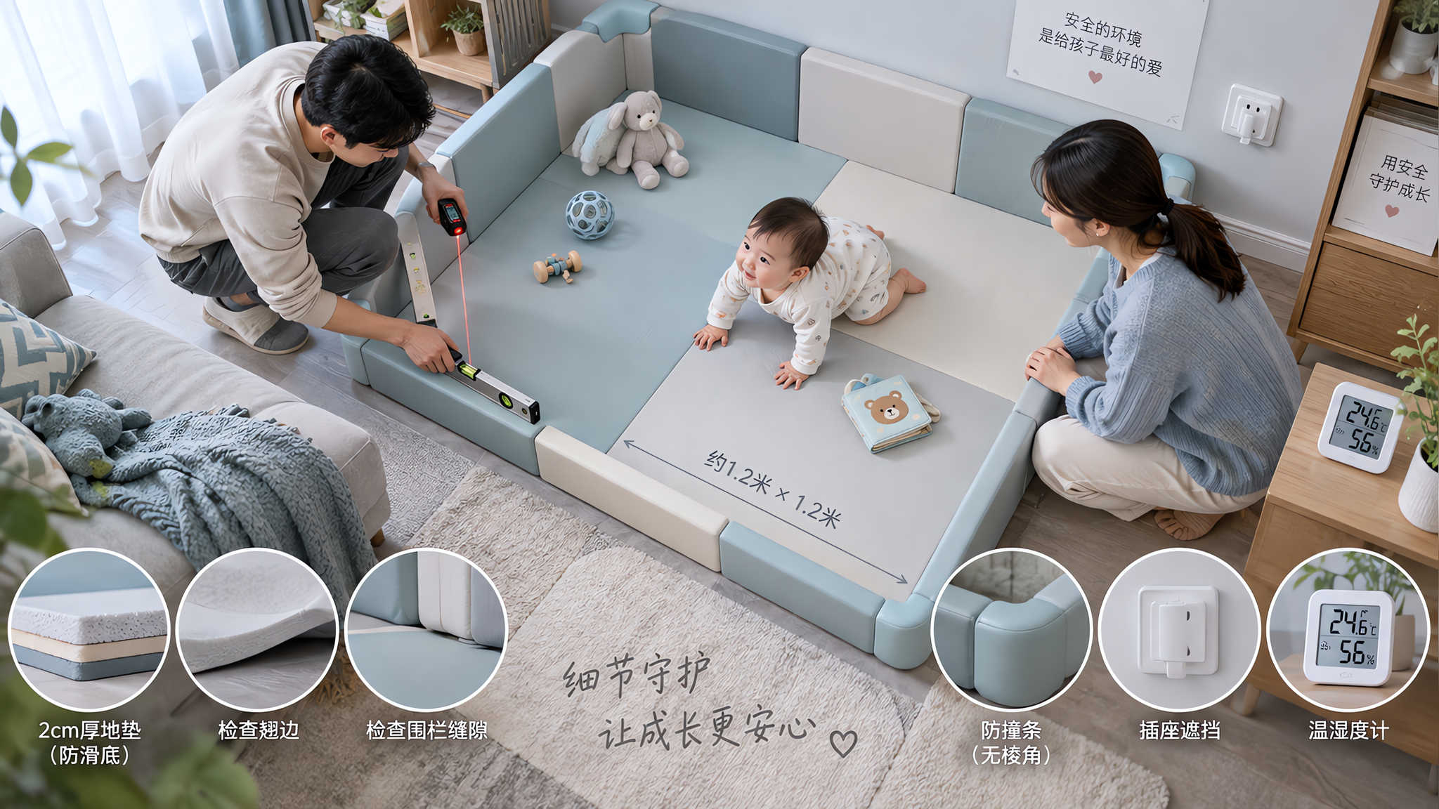 俯视构图,中国家庭客厅内,一块约1.2米的爬行安全区地垫占画面中心,2cm厚地垫带防滑底,四周无棱角